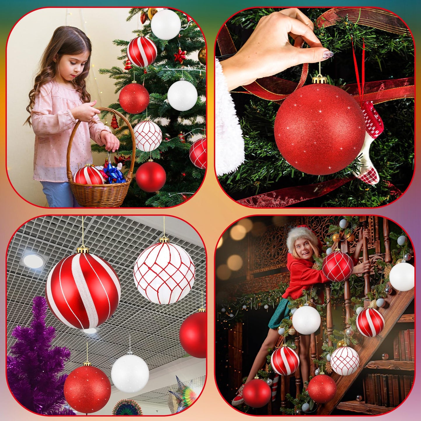 Wettarn Set of 8 Large Christmas Ball Ornaments 6 Inch Glitter Hanging Christmas Plastic Balls Indoor and Outdoor Hanging Christmas Tree Decorations for Lawn Yard Garden Party(Red and White)