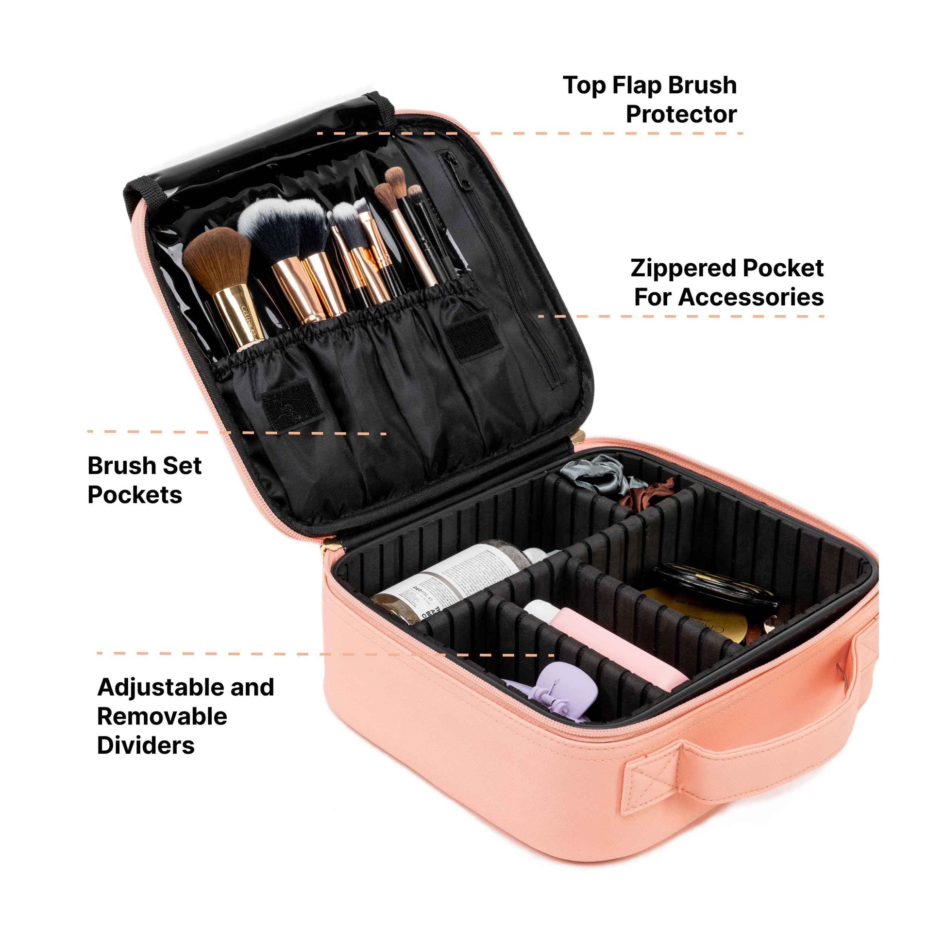 (Not Made In China) Makeup Bag Travel Case, Train Case for Cosmetics, Portable Beauty Organizer, Cosmetic Storage Bag With Adjustable Dividers For Make Up and Brushes