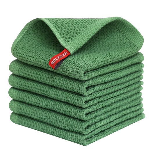 Kitinjoy 100% Cotton Kitchen Dish Cloths, 6 Pack Waffle Weave Ultra Soft Absorbent Dish Towels for Drying Dishes Quick Drying Kitchen Towels Dish Rags, 12 X 12 Inches, Grass Green