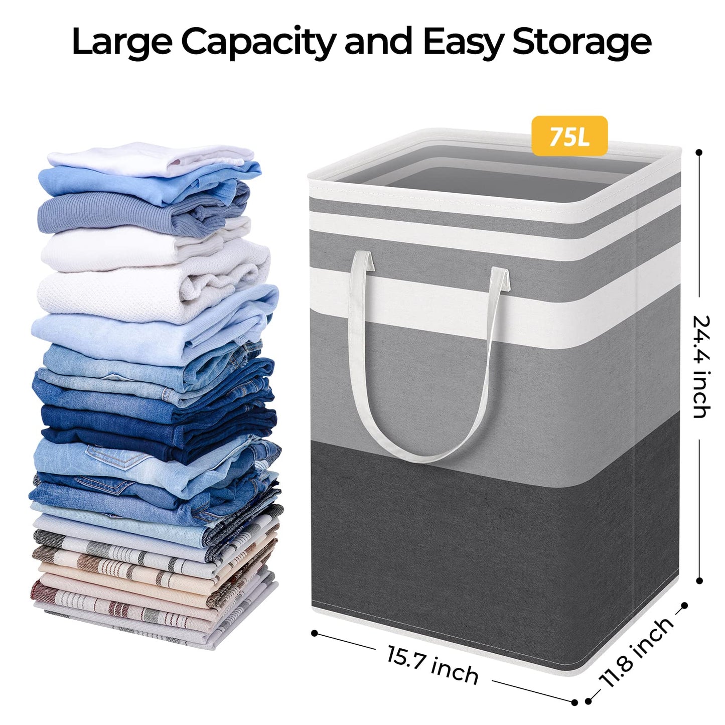 HomeHacks 1-Pack Large Laundry Basket,Waterproof, Freestanding Laundry Hamper, Collapsible Tall Clothes Hamper with Extended Handles for Clothes Toys in The Dorm and Family-(Gradient Grey, 75L)