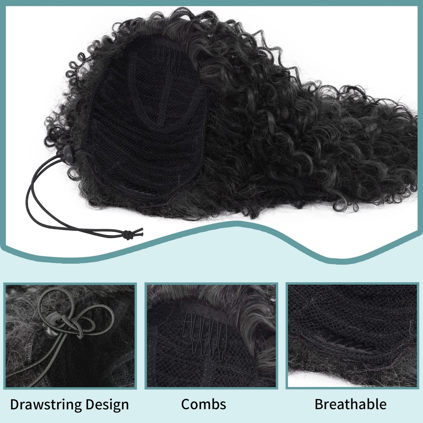 Youthfee 27” Drawstring Ponytail Deep Curly Heat Resistant Synthetic Instant Clip Ponytail Extension Protective Style Afro Kinky Curly Hair Pieces for Women