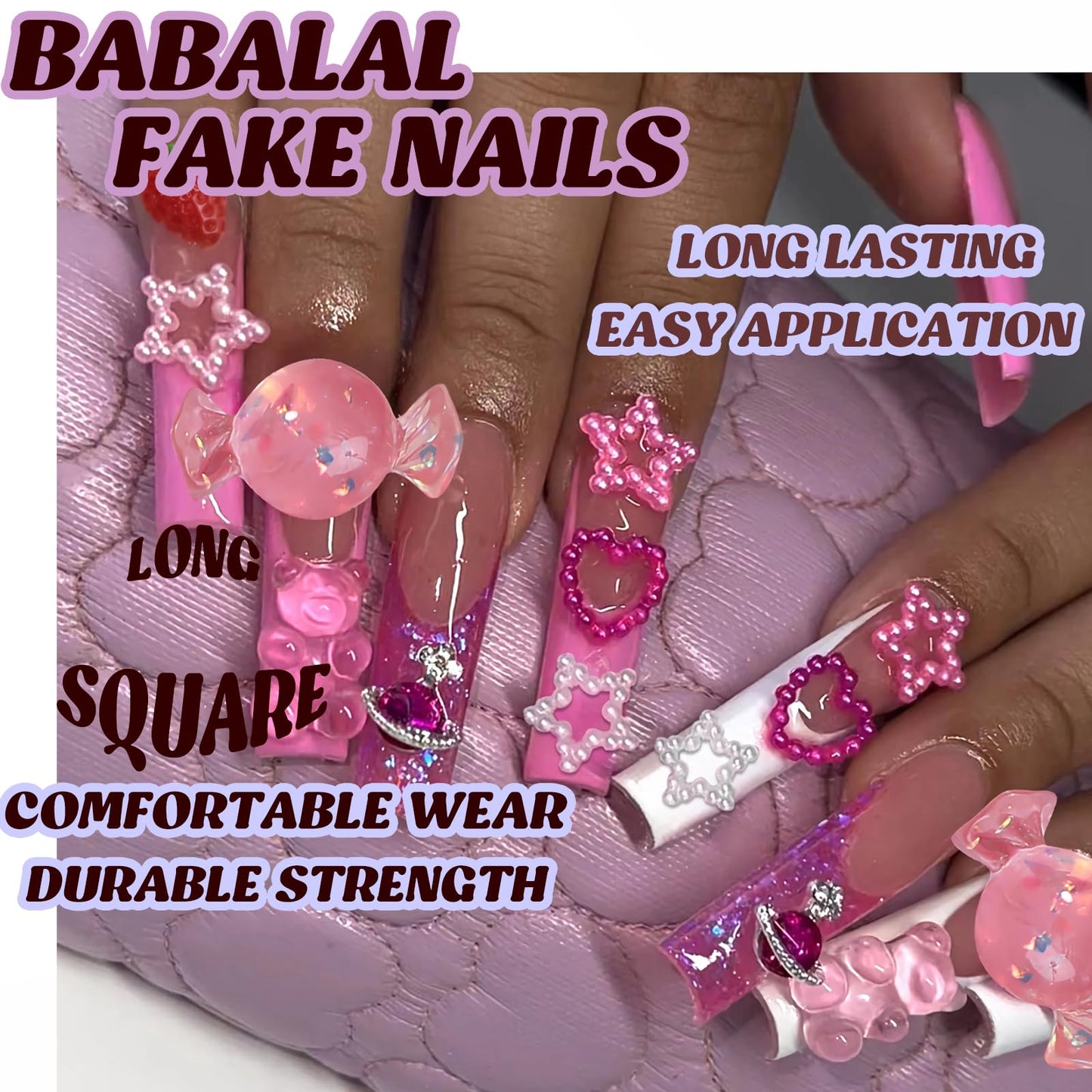 BABALAL Pink Press on Nails Long Square Fake Nails Cute Glue on Nails 3d Bear Candy Star Heart Strawberry Charm Acrylic Nails Rhinestone Squoval Manicure Stick on False Nails 24Pcs Nails Press on