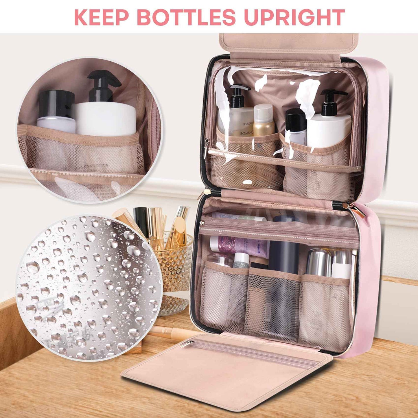 HXLGMD Travel Size Toiletry Bag for Women, Portable Cosmetic Bag with Hanging Hook, Travel Essentials Water-resistant Makeup Organizer for Accessories, Shampoo, Full-size Container, Toiletries