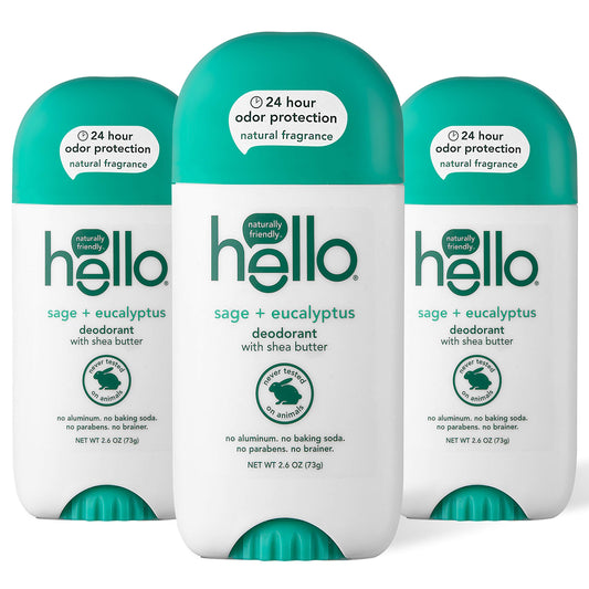 Hello White Deodorant With Shea Butter for Women Men 24 Hour Odor Protection No Aluminum Baking Soda Vegan Parabens Free 2.6 Oz 3, Sage + Eucalyptus, 1 Count