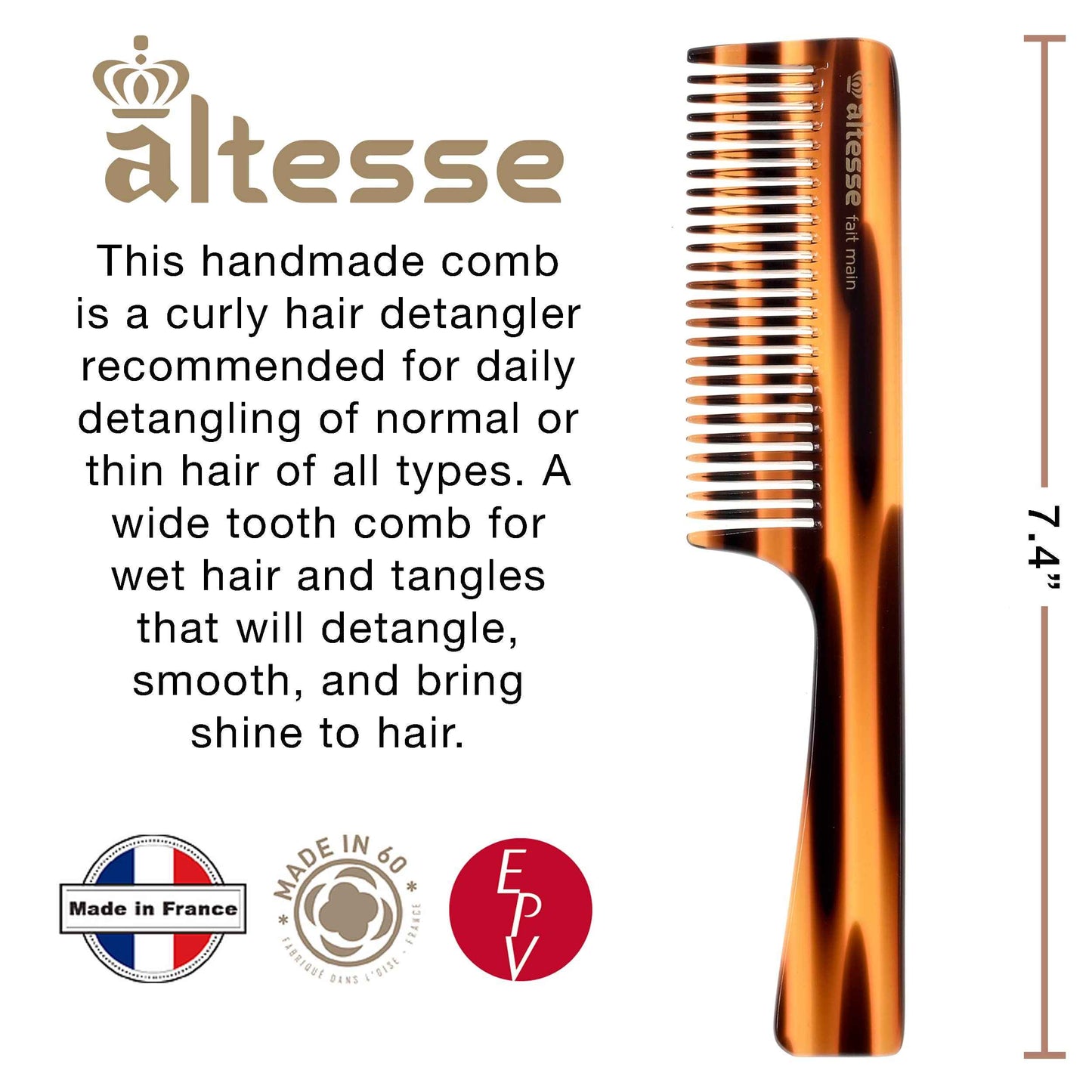 Altesse 11061 Wide Tooth Comb Detangler and Curl Defining Comb for Women, Hair Detangler Combs for Women with Comfortable Handle, All Wide Teeth Acetate Detangling Comb Handmade in France