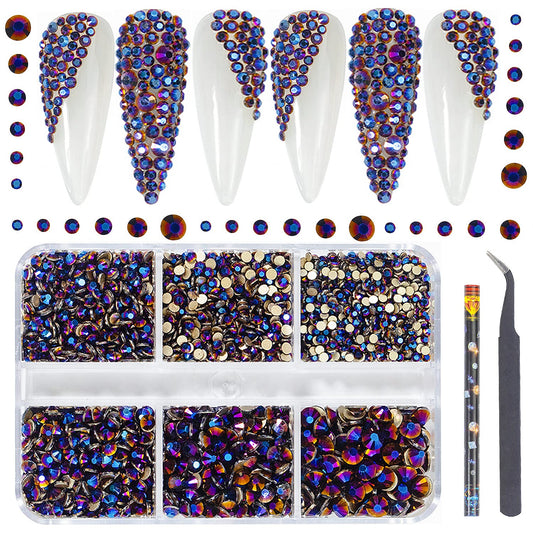 6Grids 3000Pcs Flatback Rhinestones , Phantom Purple Nail Gemstones Crystals Jewels, Craft Glass Diamonds Stones Bling Rhinestone with Tweezers and Picking Pen For Nail Face Makeup(1.8mm~4mm Crystal)