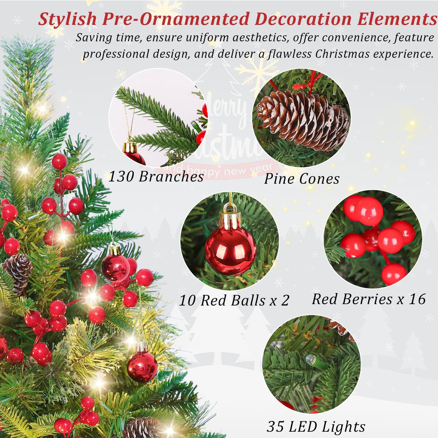 Set of 2 Outdoor Pathway Christmas Trees, 30” Battery Operated Pre-Lit Artificial Xmas Trees with 35 LED Lights, 8 Flash Modes, Holiday Décor for Porch Yard with Red Berries/Pine Cones/Ball Ornaments