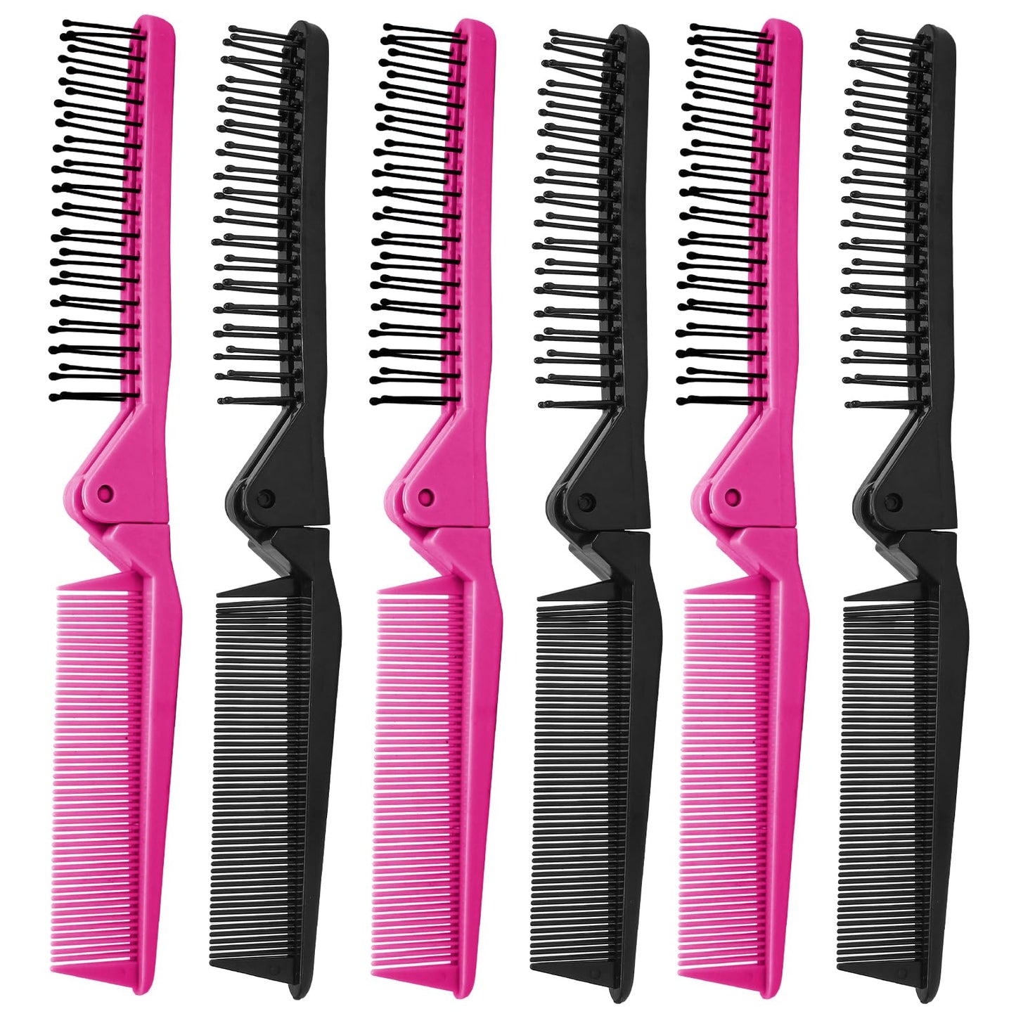 Qjaiune Hair Comb, 6PCS Travel Foldable Plastic Brush Comb Portable Folding Hairdressing Tools, Anti-Static Hair Comb Mini Pocket Comb for Men Women (Black & Hot Pink)