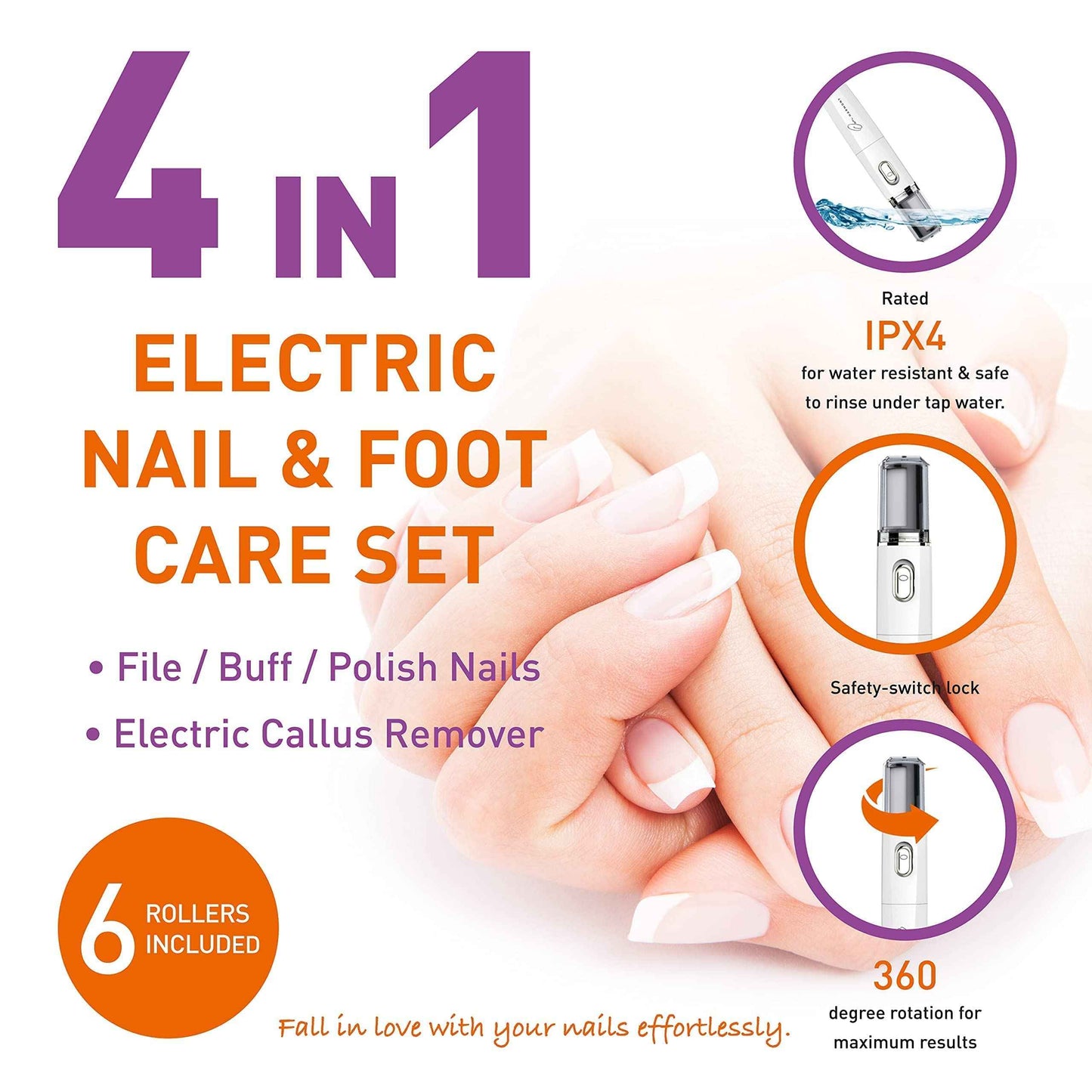 Own Harmony Electric Nail Buffer with Callus Remover Foot Care and 12 Rollers Bundle: Manicure Pedicure Tools Shine Kit - Best Electronic Mani Pedi Polisher Set to Buff, Polish, File Thick Toenails