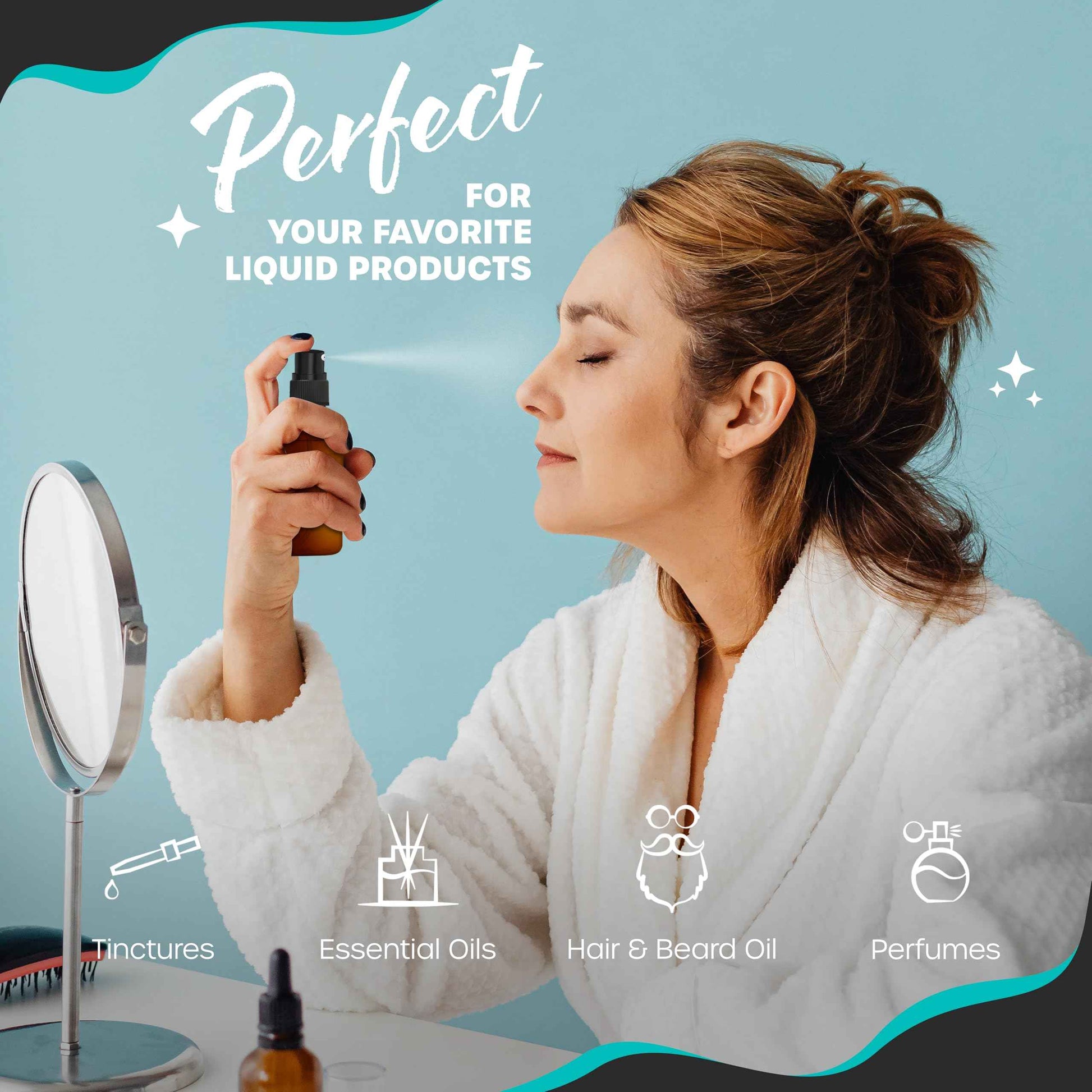 Nevlers Amber Glass Spray Bottles Small 1 Oz 48 PK | Mini Spray Bottle Set w/Amber Bottles, Shrink Wrap, Labels, Marker, Funnel & Brush | Travel Size Mist Bottle For Use as Oil Mister & Hair Mister