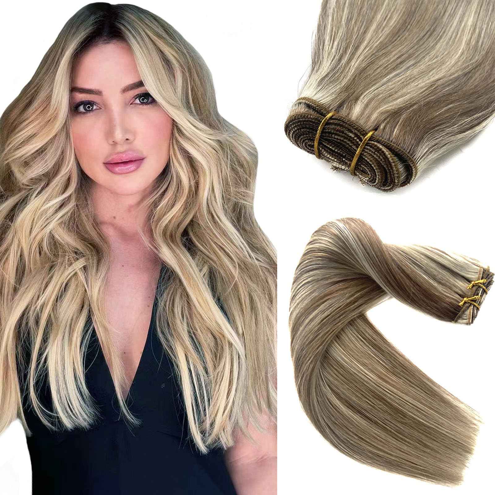 Sew in Hair Extensions Real Human Hair, Weft Hair Extensions Human Hair Bundles 14 Inch 80G Ash Brown and Blonde Balayage Ash Blonde Highlights Hand Tied Weft Hair Extensions Human Hair Weave Bundles