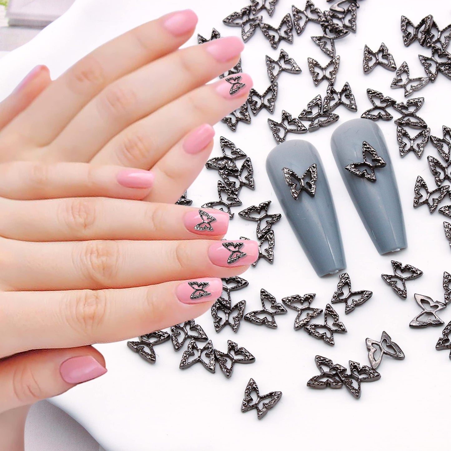 DANNEASY 100pcs Butterfly Nail Charms 3D Black Butterfly Charms for Nails Butterflies Nail Art Charms Alloy Nail Studs Nail Jewelry Accessories for Crafts Nail Art Decorations