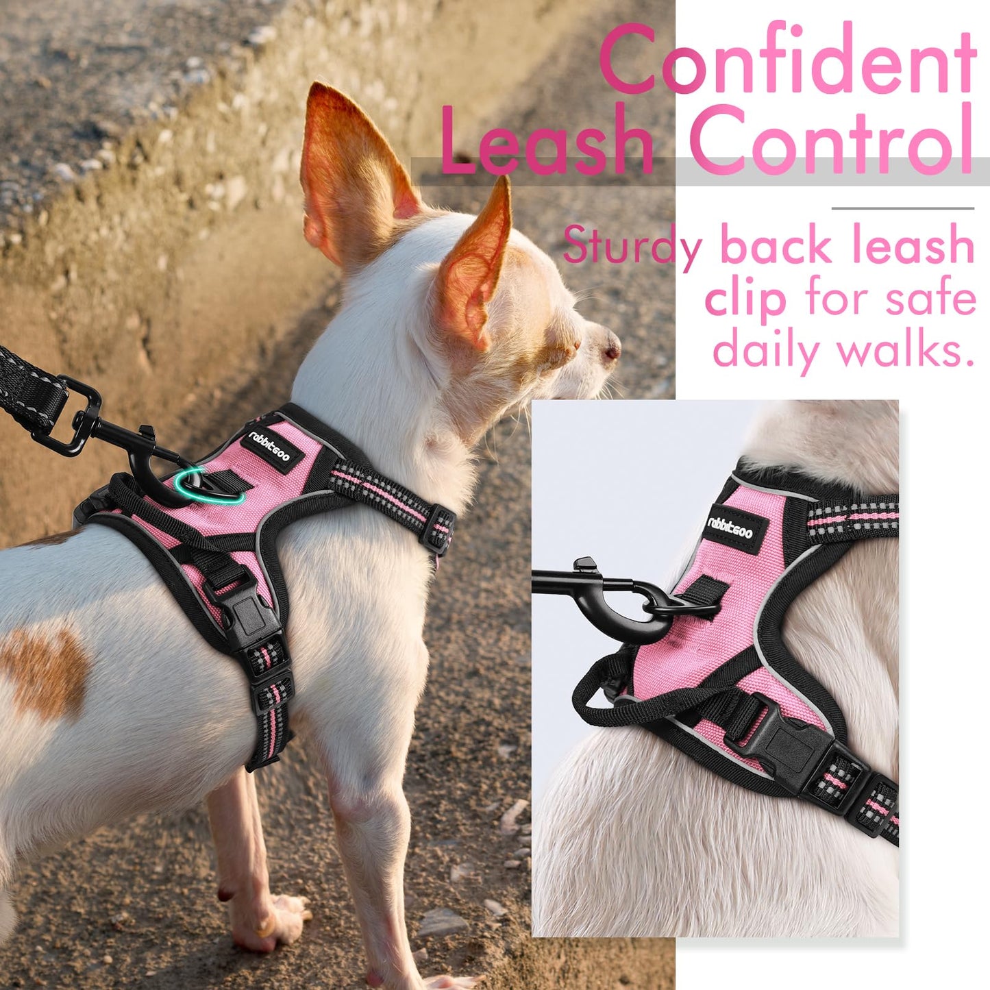 rabbitgoo Dog Harness, No-Pull Pet Harness with 2 Leash Clips, Adjustable Soft Padded Dog Vest, Reflective No-Choke Pet Oxford Vest with Easy Control Handle for Small Dogs, Pink, XS