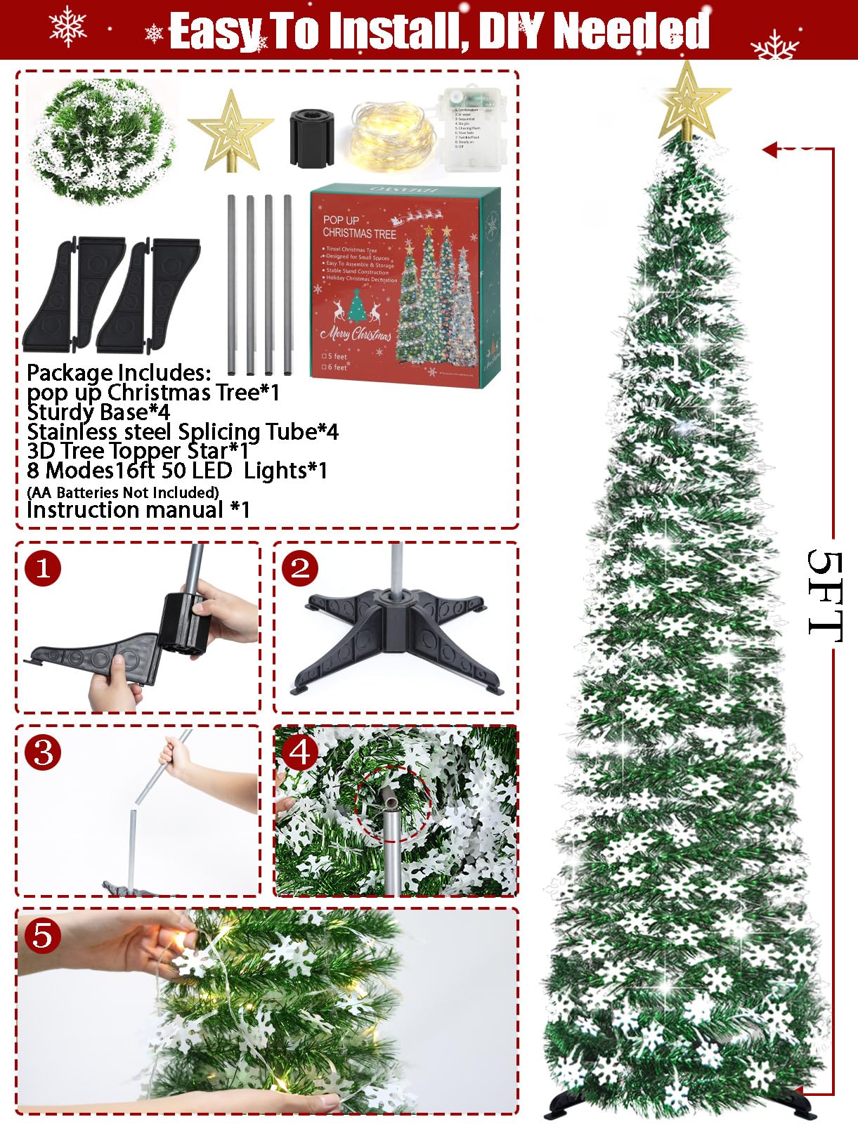 HMASYO 5 FT Pop Up Christmas Tree with Timer Lights - Green Tinsel Snowflake Christmas Tree, Collapsible Artificial Pencil Tree Xmas Decoration for Home, Office, Party, Easy Assembly