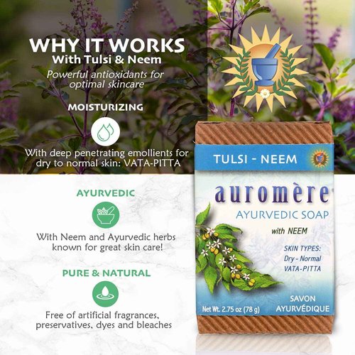 Auromere Ayurvedic Bar Soap, Tulsi Neem - Eco Friendly, Handmade, Vegan, Cruelty Free, Natural, Non GMO (2.75 oz), 4 pack