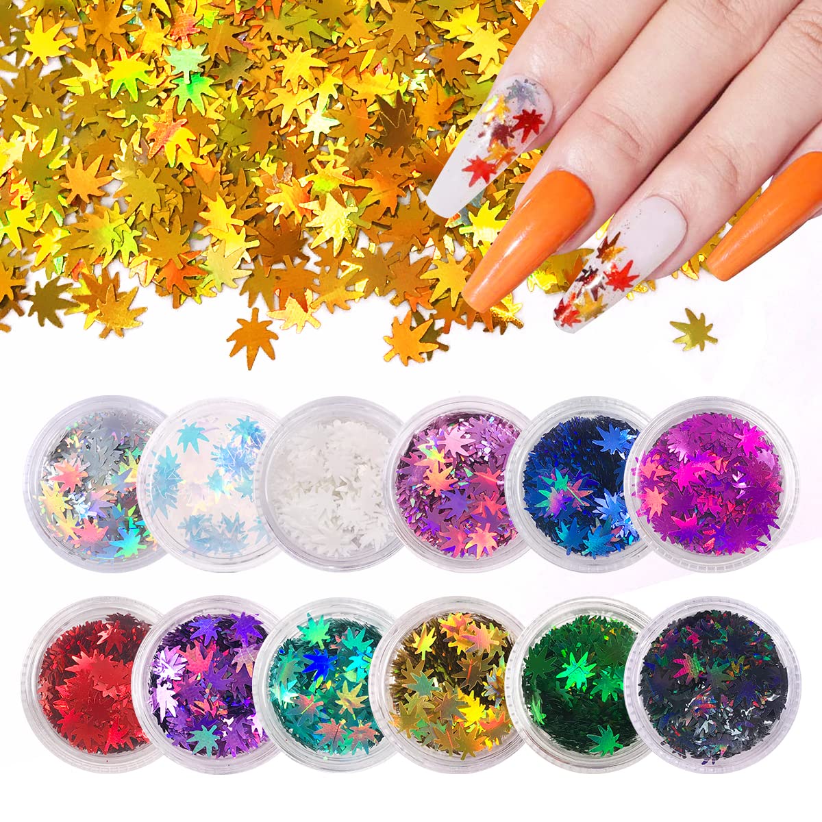 12 Pack - Metallic Rainbow Holographic Leaf Glitter - Solvent Resistant & Cosmetic Grade - Face Body Nails Resin Arts & Crafts, Tumblers, Bath Bombs, Resin - Weed Pot Marijuana Leaf