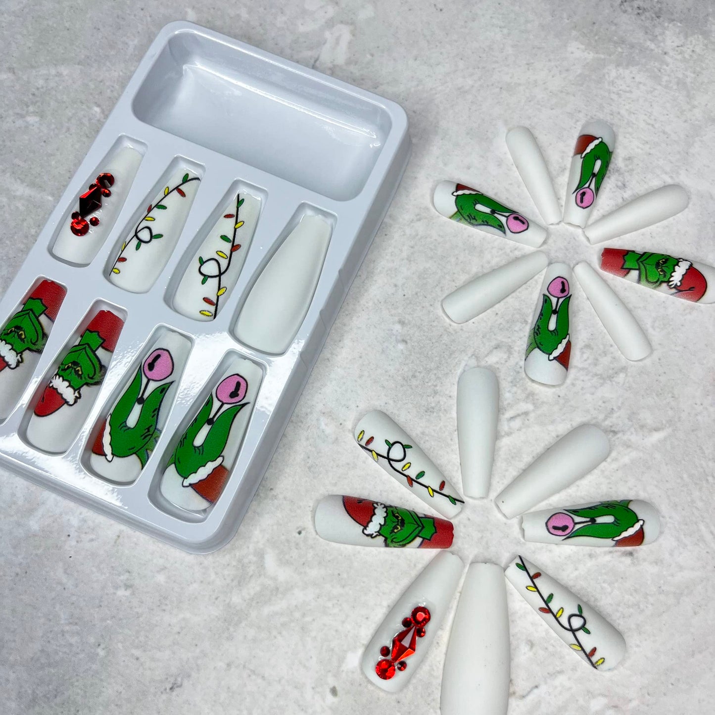 Christmas Press on Nails Long Coffin Fake Nails Green Fur Monster Design Full Cover Acrylic False Nails with Design Rhinestone Artificial Nails Winter Christmas Glue on Nails Nail Decorations