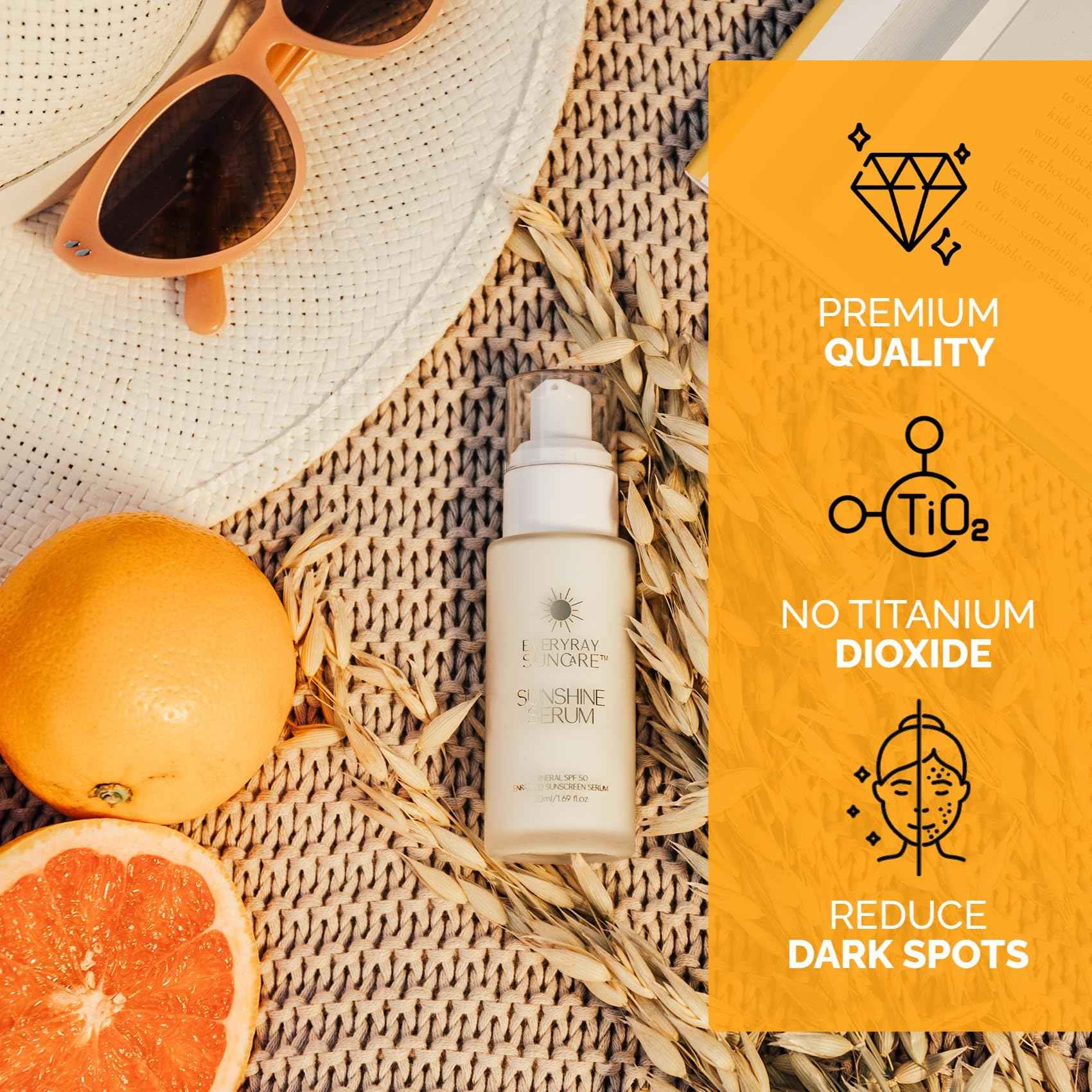 EveryRay Suncare - Sunshine Serum - Enriched Mineral Suncreen Serum - 1.69 fl oz - SPF 50 with skin hydrating squalane and Vitamin C - For All Skin Types and Skin Tones