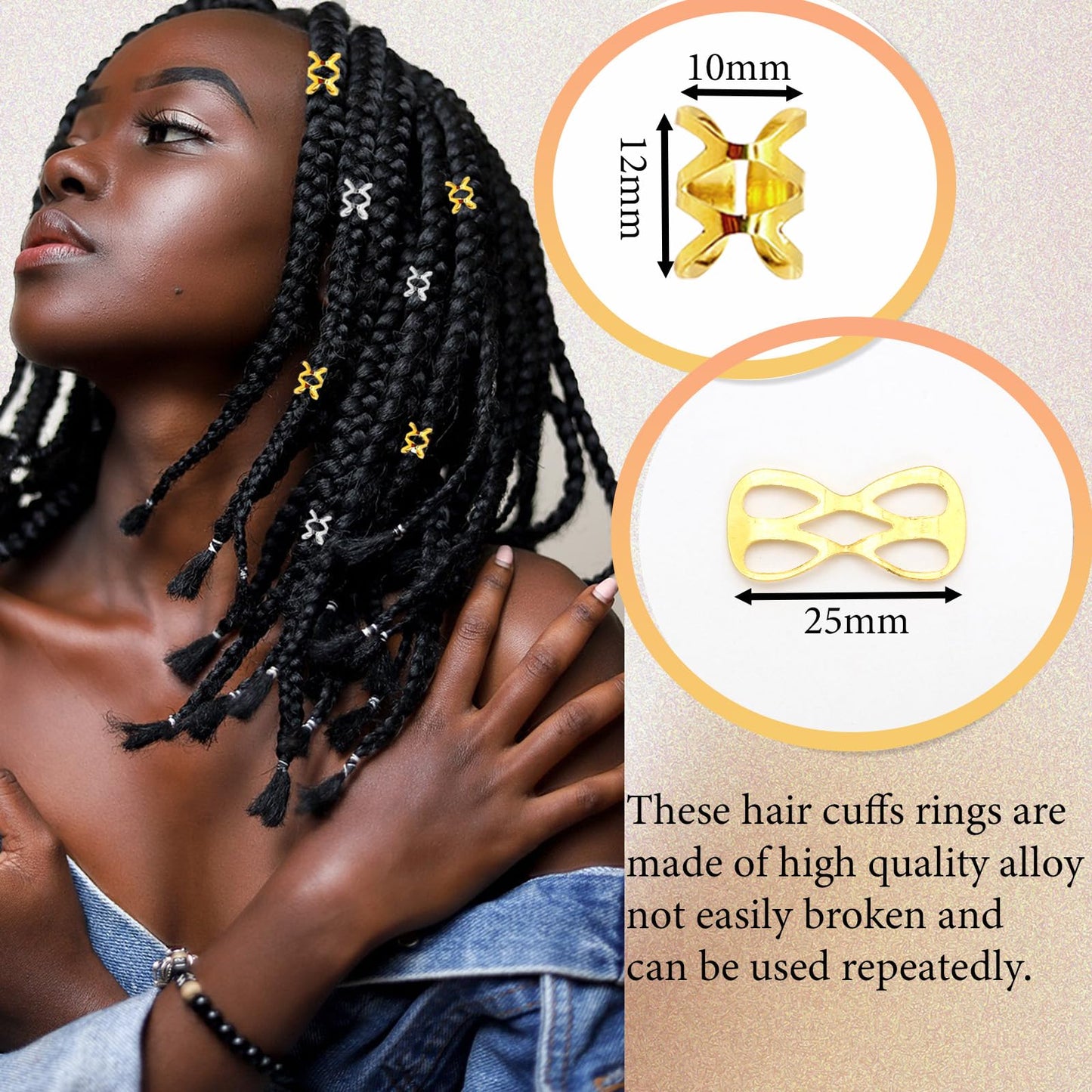 VENOFEN 100PCS Metal Hair Accessories for Braids - Gold & Silver Hair Rings, Braids Clips, Dreadlock Beads, and Cuffs for Women and Girls