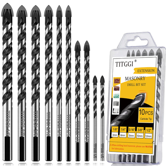 Masonry Drill Bit Set & Carbide Drill Bits, Extension Professional Drill Bit Set (10PCS) for Glass/Brick/Plastic/Cement/Wood/Tile/Etc, Industrial Strength Carbide Drill Bit Tip, 1/8"-1/2" by TITGGI