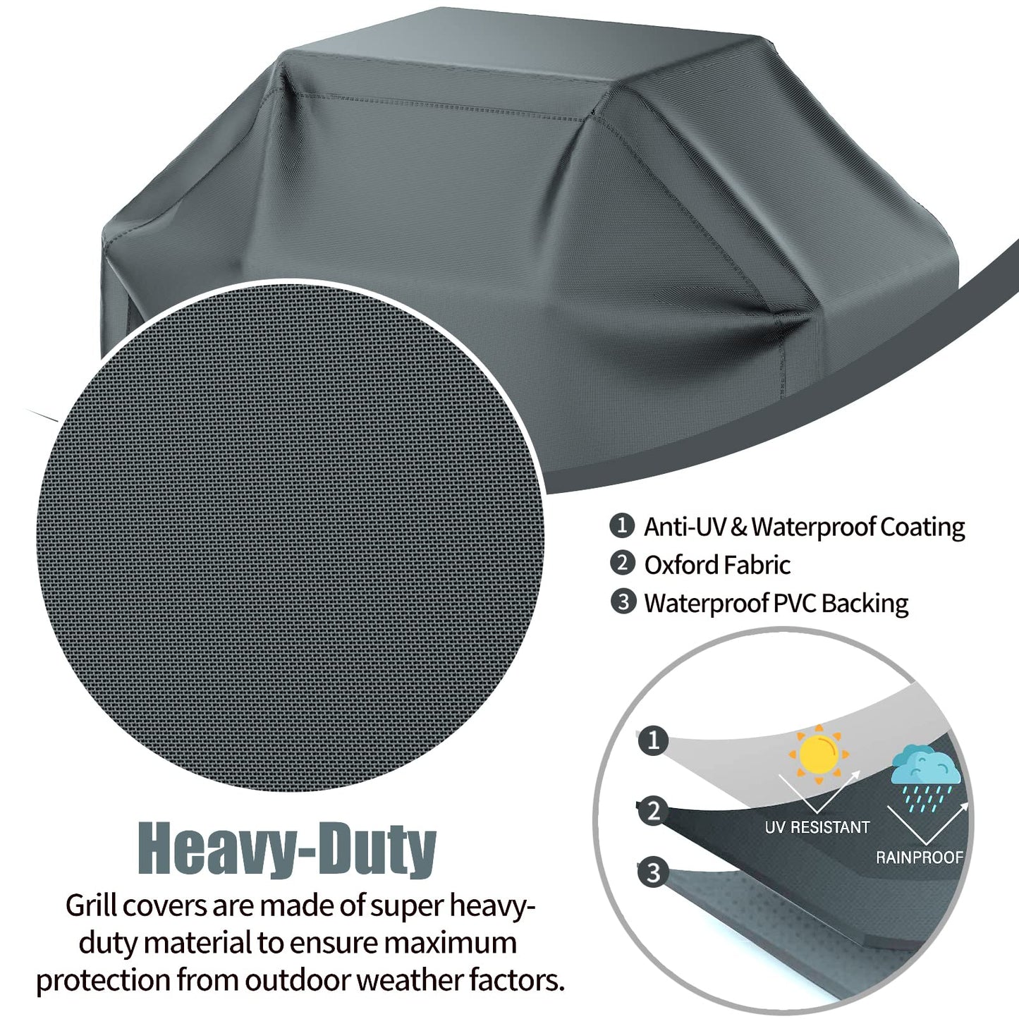 Grill Cover, BBQ Grill Cover, Waterproof, Weather Resistant, Rip-Proof, Anti-UV, Fade Resistant, with Hook-and-Loop Straps, Gas Grill Cover for Most Grills, 72 inch, Gray