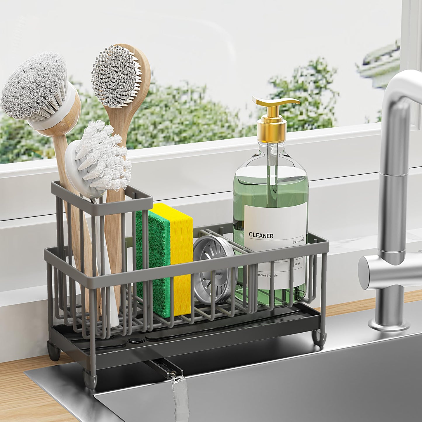 Cisily Sponge Holder for Kitchen Sink, Sink Caddy with High Brush Holder, Organzier Rustproof 304 Stainless Steel Dish Organizer Divider, Soap Dispenser Storage(Grey)