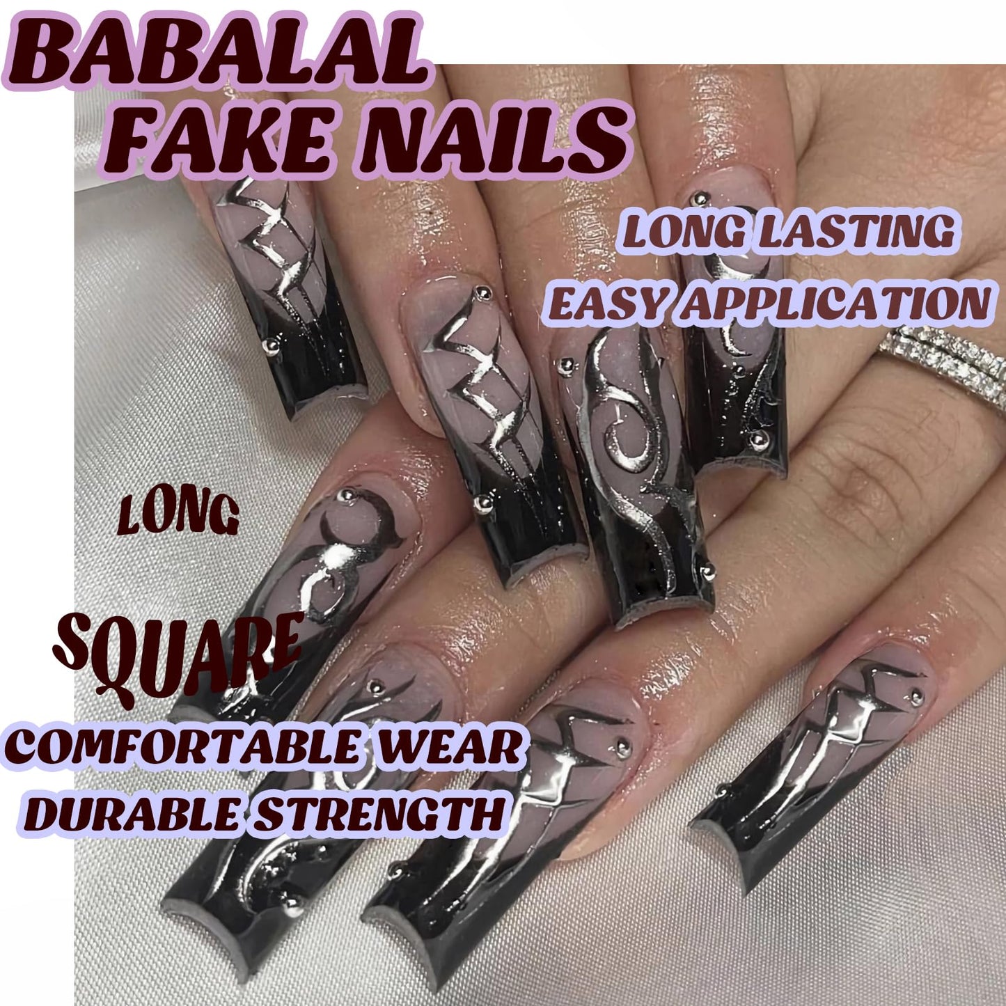 BABALAL French Tip Press on Nails Long Square Fake Nails Black Glue on Nails Sliver Swirl Chrome 3d Metallic Ball Acrylic Nails Squoval Stick on False Nails 24Pcs Manicure Nails for Women and Girls