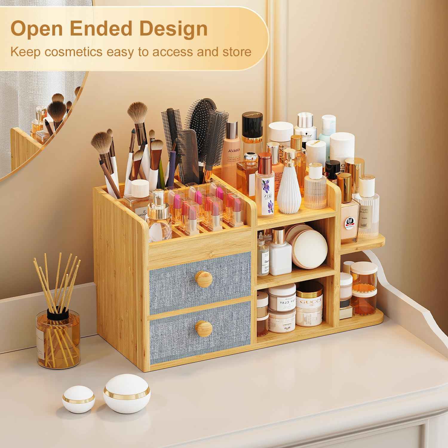 Large Makeup Organizer Countertop For Vanity Dresser, Bamboo Bathroom Counter Organizers And Storage,Cosmetic Skincare Perfume Organizer With 3 Makeup Brush Holder/2 Drawers/5 Shelves /8 Compartments