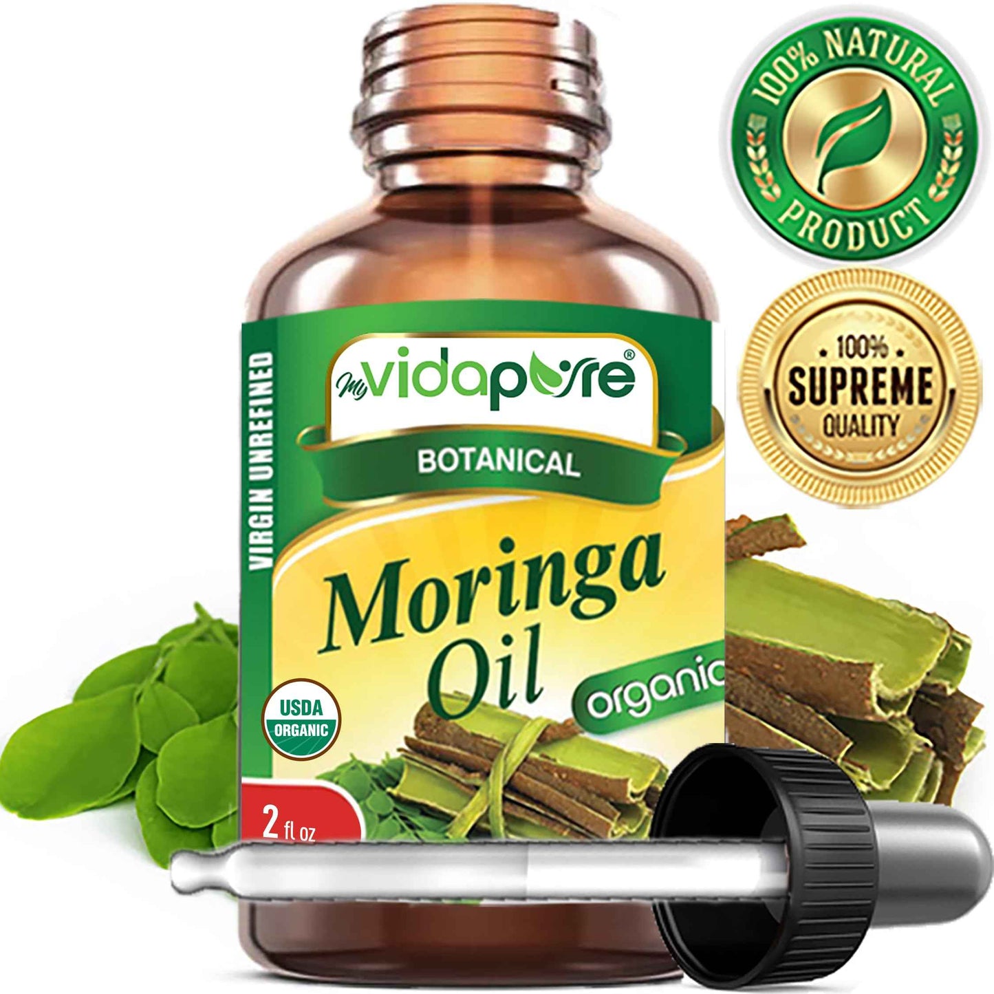 MYVIDAPURE Organic MORINGA OIL Moringa Oleifera Certified Organic 100% Natural Pure Virgin Unrefined for Face, Skin, Body, Hair, Lip, Nails Anti-Aging, Rich in Vitamin E (2 Fl Oz)