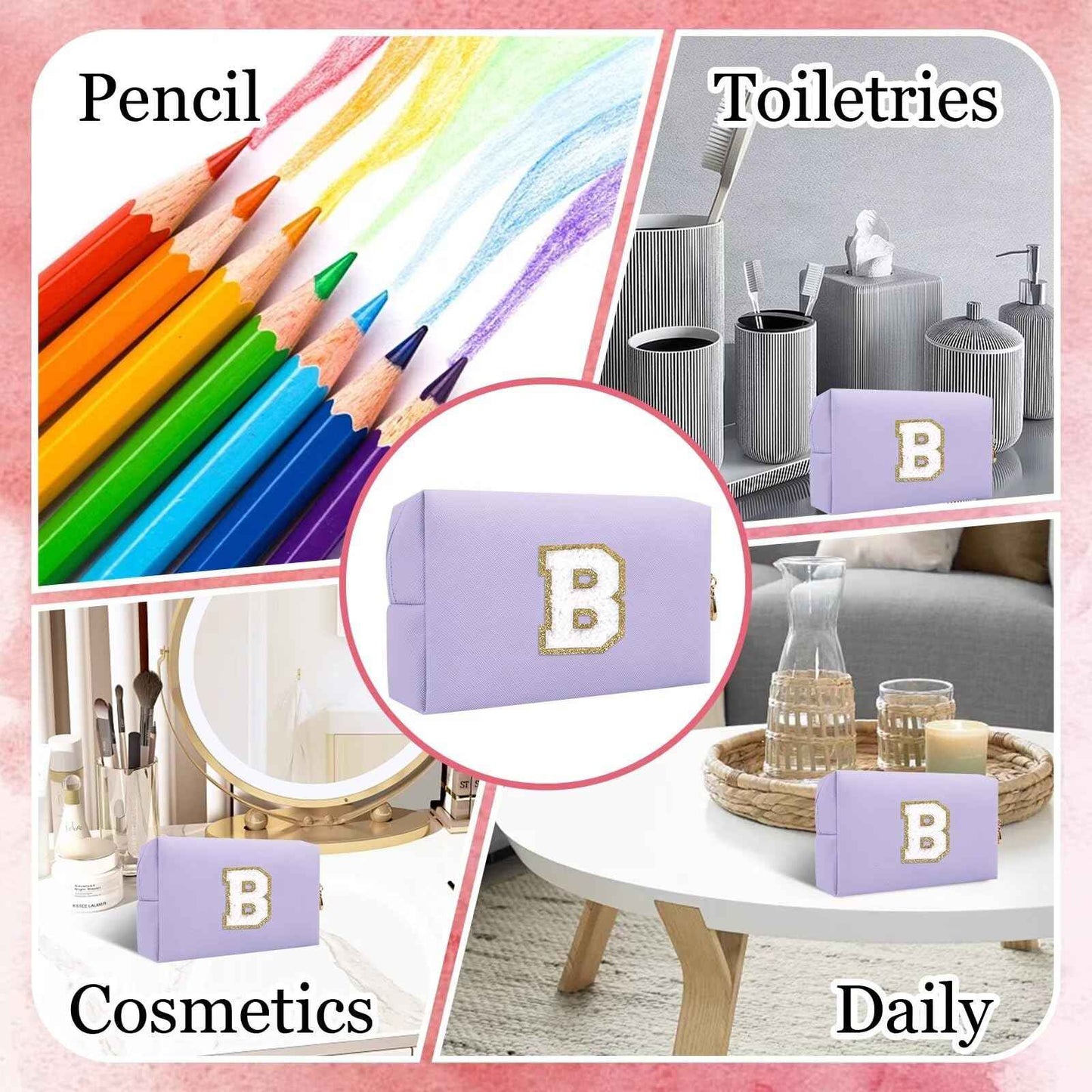 Small Personalized Letter Makeup Bag, Cute PU Leather Chenille Letters Cosmetic Bag Travel Makeup Pouch, Preppy Travel Organizer Zipper Pouch for Women&Girls（Purple-B）