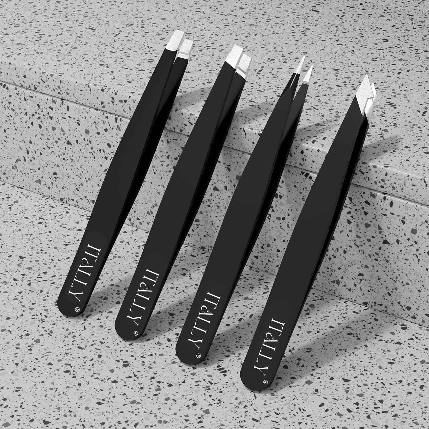 ITALLY Tweezers Set - Professional Eyebrow Tweezers - Stainless Steel Best Precision Tweezers for Women Facial Hair, Splinter, Blackhead & Ingrown Hair Removal, 4Pcs (Black)
