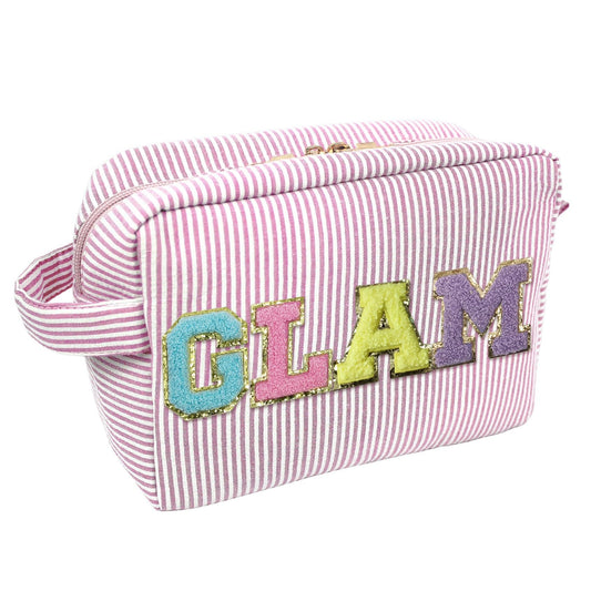 COSHAYSOO Preppy Makeup Bag with Chenille Letter Patch Large Pink Striped Seersucker Cosmetic Pouch for Teen Girl Women, Cute Travel Make Up Accessories Organizer Trendy Stuff Christmas Gift (GLAM)