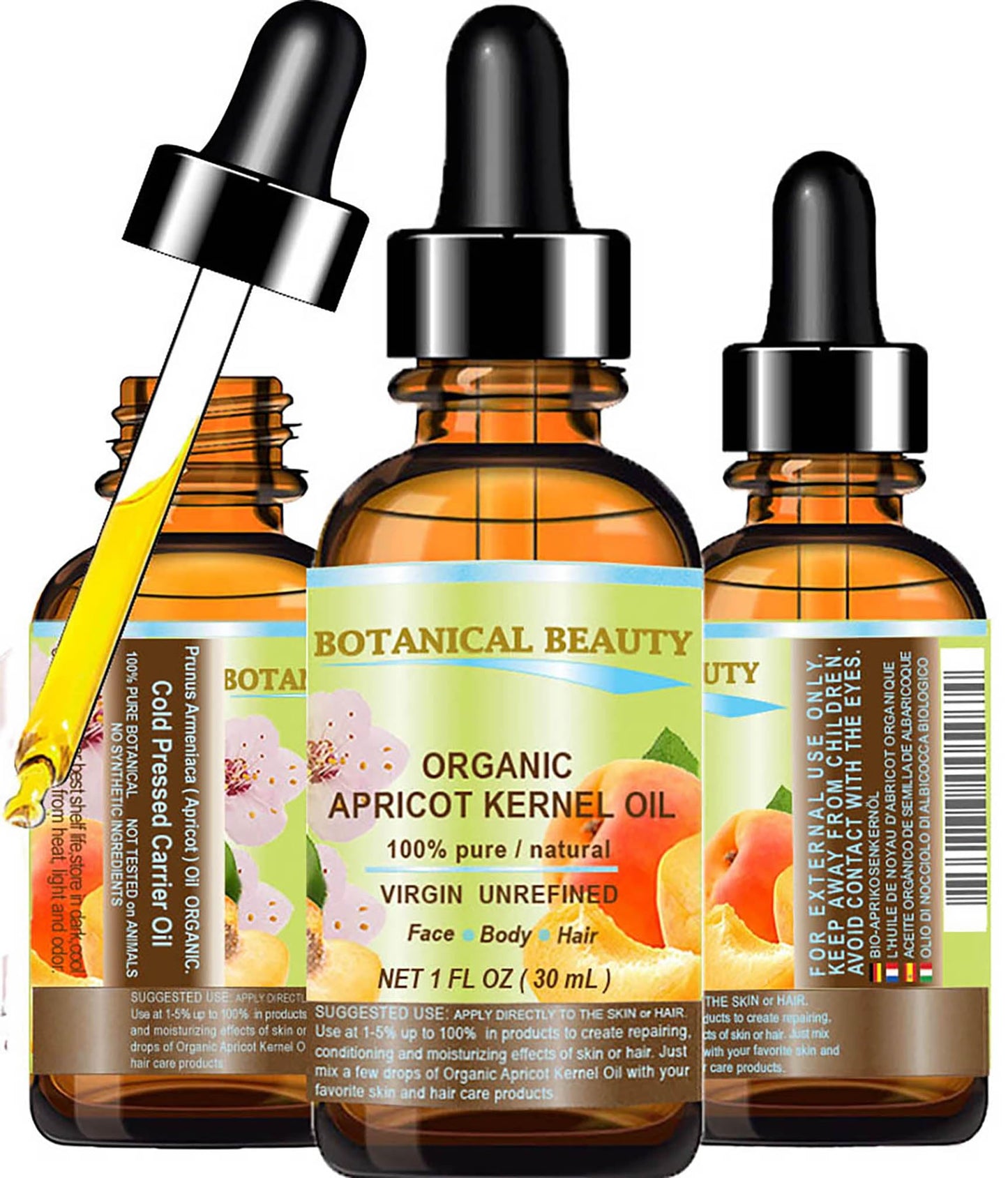 Botanical Beauty ORGANIC APRICOT KERNEL OIL Australian 100% Pure Virgin Unrefined Cold Pressed Carrier Oil 1 oz- 30 ml for Face Hair Body Nails Skin Anti-Aging