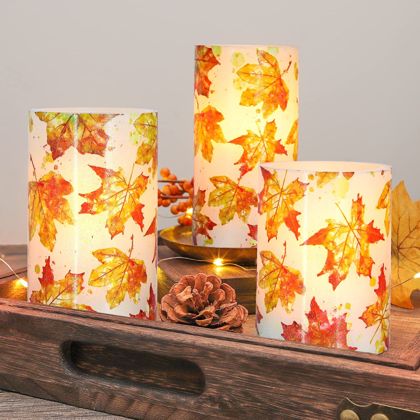 REVELBUNNY Fall Decor Flameless Candles, Autumn Maple Leaves LED Candles with Remote Timer, Battery Powered Pillar Candles for Thanksgiving Party Wedding Decoration, D3 x H4 5" 6" Set of 3