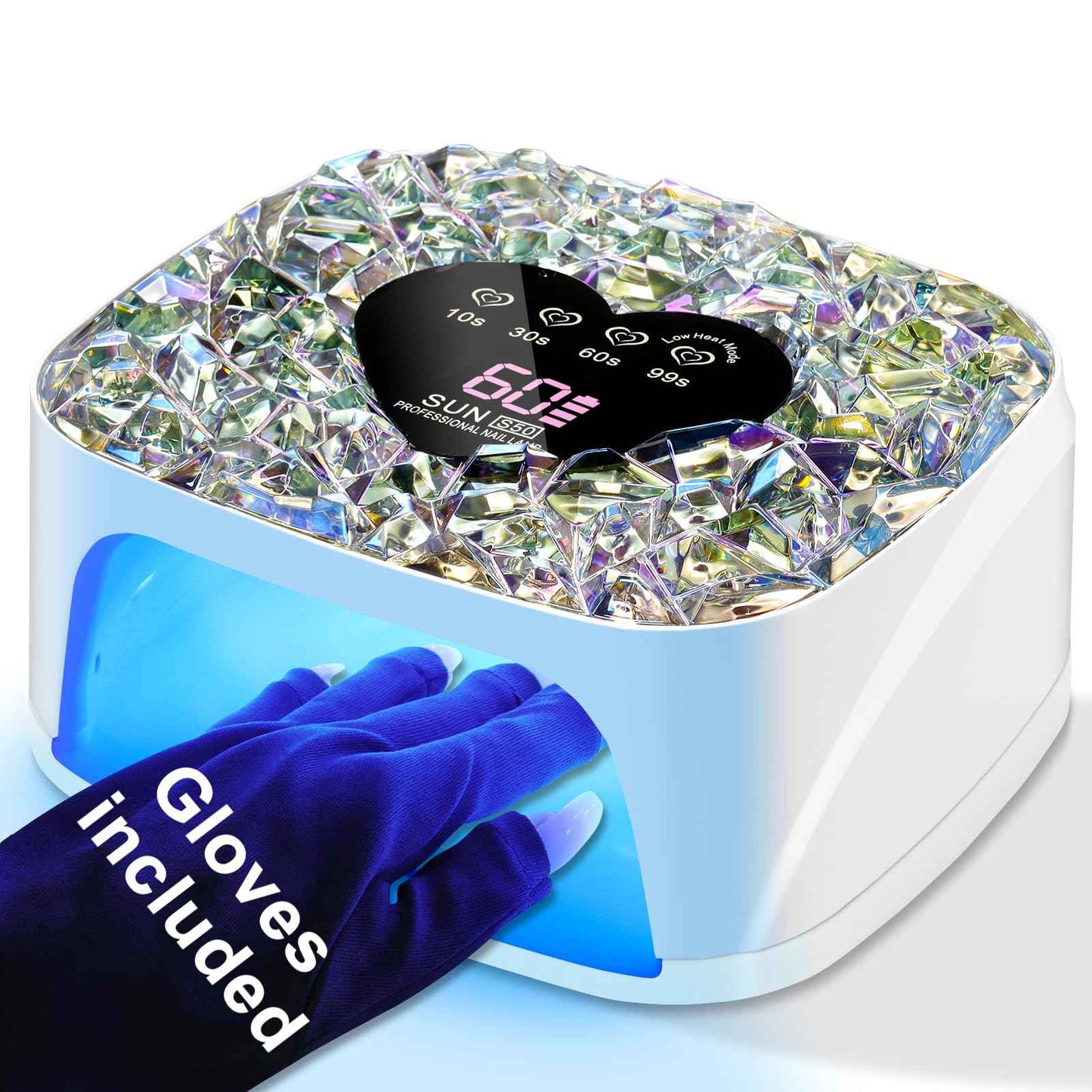 LIMEGIRL UV LED Nail Lamp Kit for Gel Polish Professional Fast White Diamond Design Curing Dryer Light Set with 4 Timers and Gloves Cordless Rechargeable Nail Art Cure Machine at Home and Salon