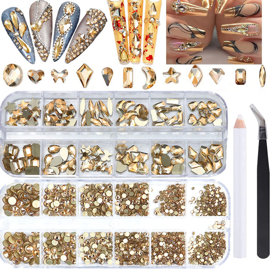 BELICEY Nail Art Rhinestones Champagne Gold Flatback Round Rhinestones Charms Nail Gem Stones with K9 Bling Glass Crystals Diamonds Jewelry for Nail Design DIY Crafts Face Decoration