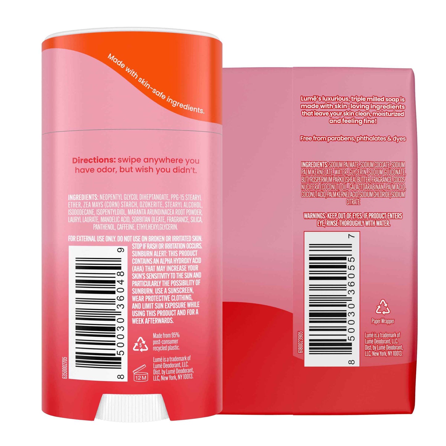 Lume Whole Body Deodorant And Soap - 2.6 Ounce Smooth Solid Stick With 72 Hour Odor Control (Pack of 2) and 5 Ounce Triple Milled Soap (Pack of 2) - Aluminum and Baking Soda Free (Peony Rose)