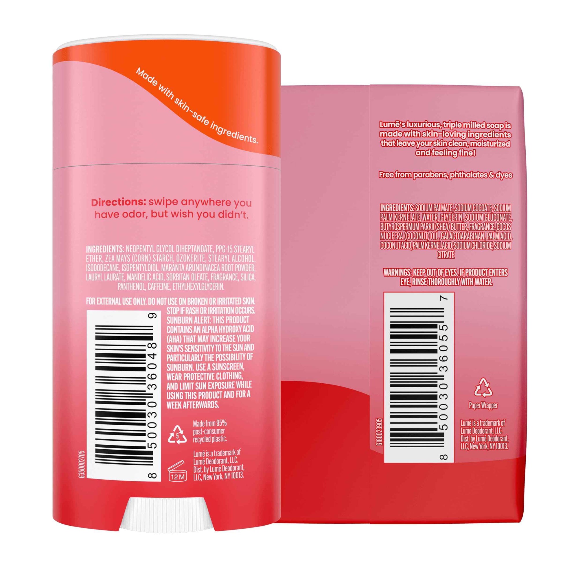 Lume Whole Body Deodorant And Soap - 2.6 Ounce Smooth Solid Stick With 72 Hour Odor Control (Pack of 2) and 5 Ounce Triple Milled Soap (Pack of 2) - Aluminum and Baking Soda Free (Peony Rose)