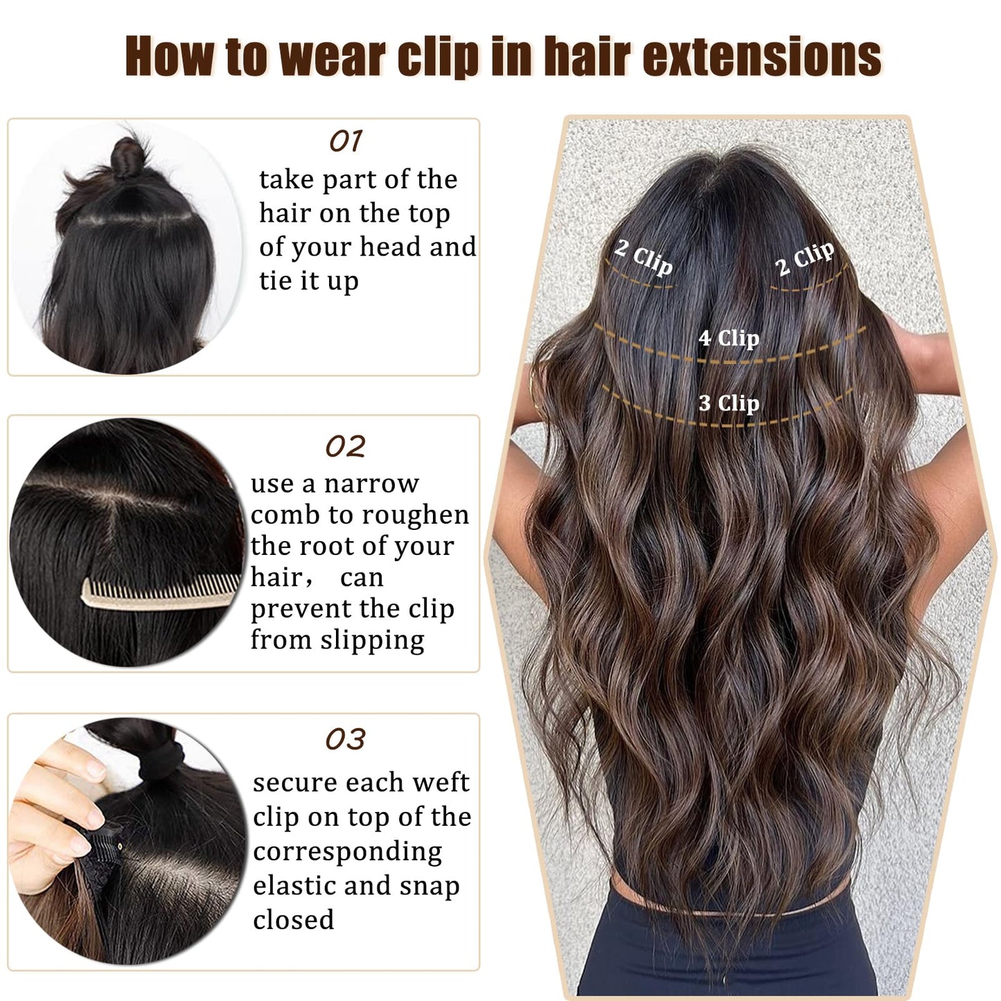 ZRQ Clip in Hair Extensions 20 In Long Wavy Ash Brown with BlondeHair Extensions Clip in 4Pcs Thick Soft Synthetic Clip in Hairpieces for Women Girls #12H613