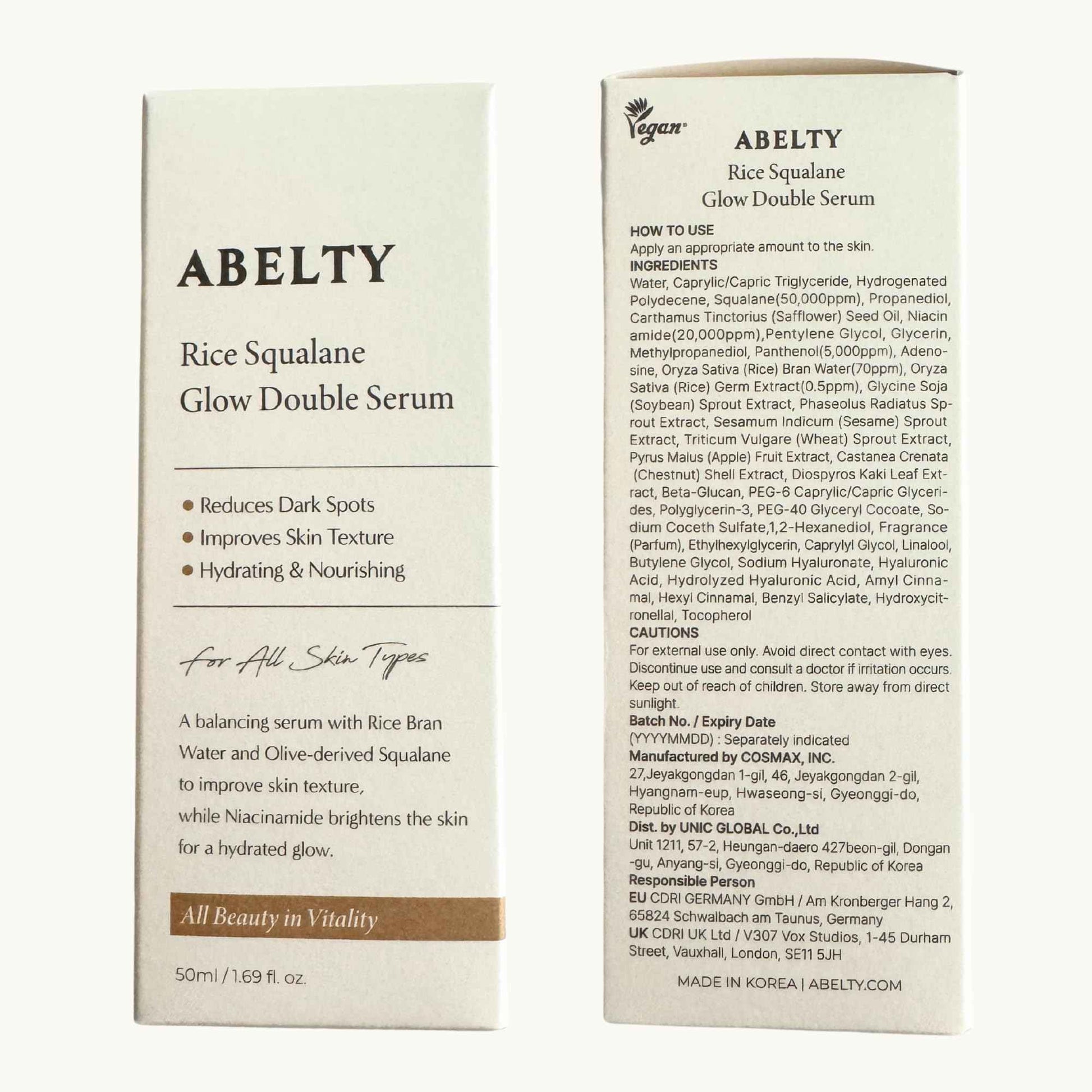ABELTY Rice Squalane Glow Double Serum – Korean Hydrating Serum with Olive Squalane 5%, Rice Extract – Glass Skin, Anti-Pigmentation, Even Skin Tone, 50ml / 1.69 Fl.oz