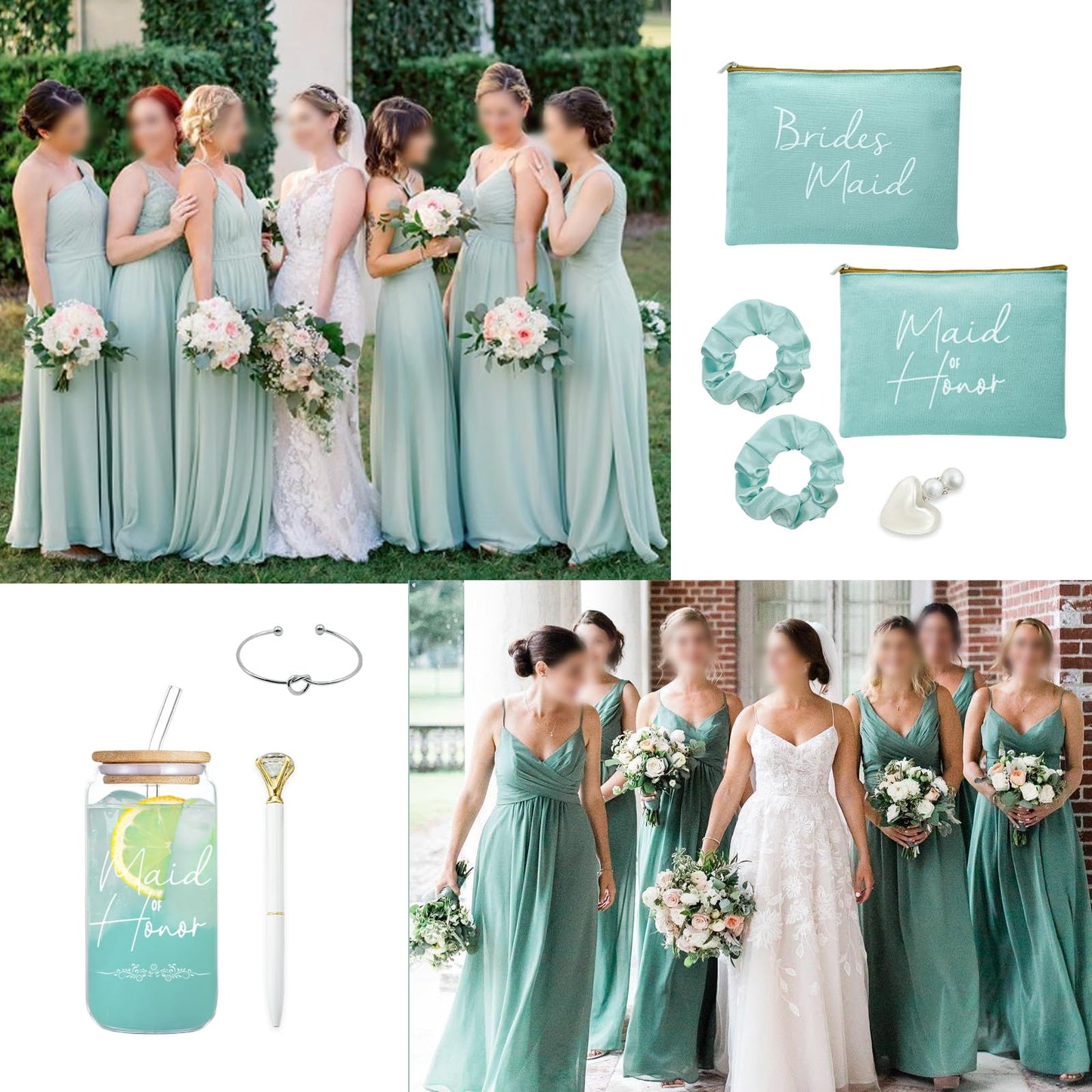 42 pcs Bridesmaid gifts bridesmaid proposal gifts, Maid of Honor Gifts contain 16oz Glass Cups Cosmetic Makeup Bags Invited Cards Scrunchies Hair Knotted Bracelets Diamond Pens love clip (Green)