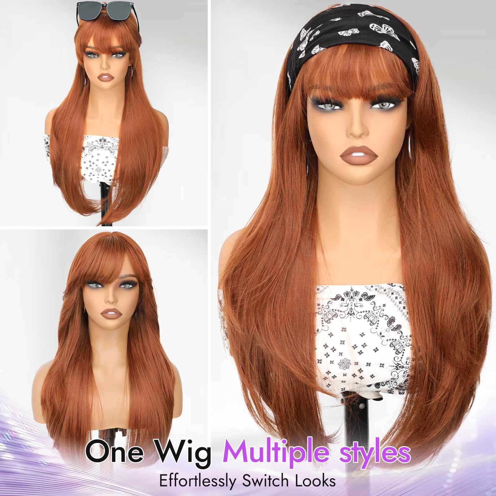 Eawwii Long Ginger Wig with Bangs for Women,4x4 Realistic Scalp, Free Parting,Layered Hairstyle Synthetic Heat Resistant for Daily Party Use 26 inch