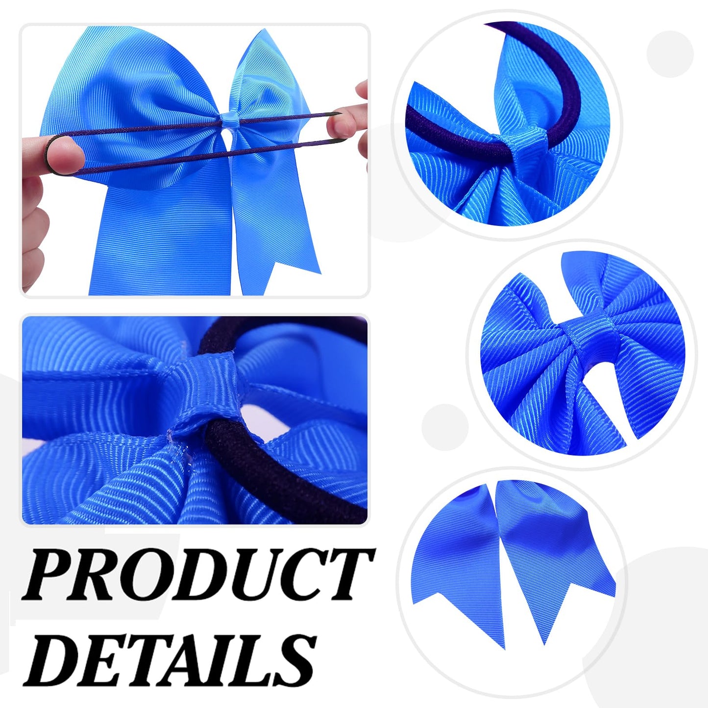 TUUXI 4pcs 8" Large Cheer Bows Blue Elastics Hair Ties Bands Grosgrain Ribbon Ponytail Holder for Cheerleading Team Baseball Softball Tennis Cheerleader Bows