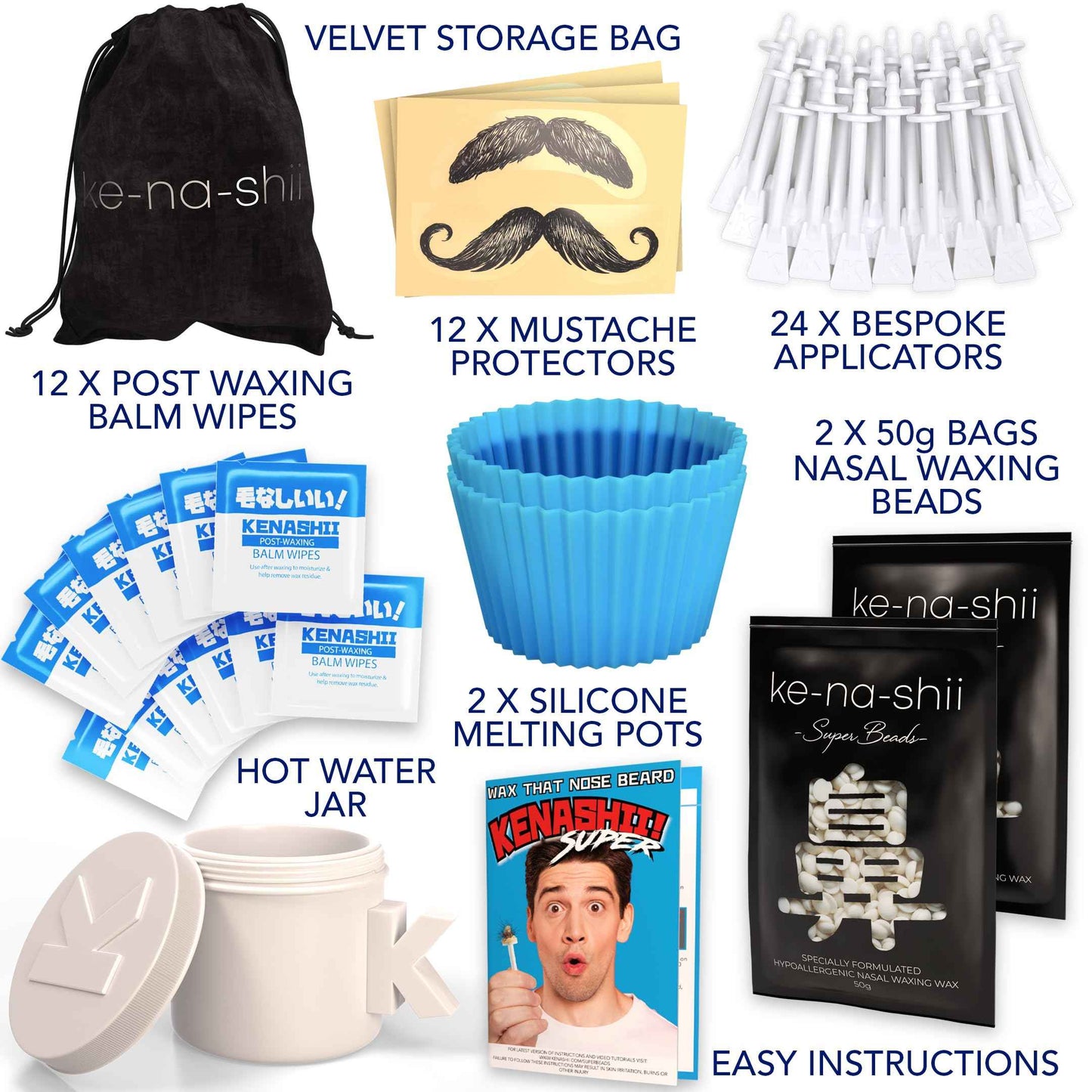 Kenashii Super BUNDLE Nose & Ear Hair Removal Kit | 100 g Wax, 84 Applicators | No Microwave Needed | Nasal Waxing For Men and Women | 12 Balm Wipes, Mustache Guards, Storage Bag