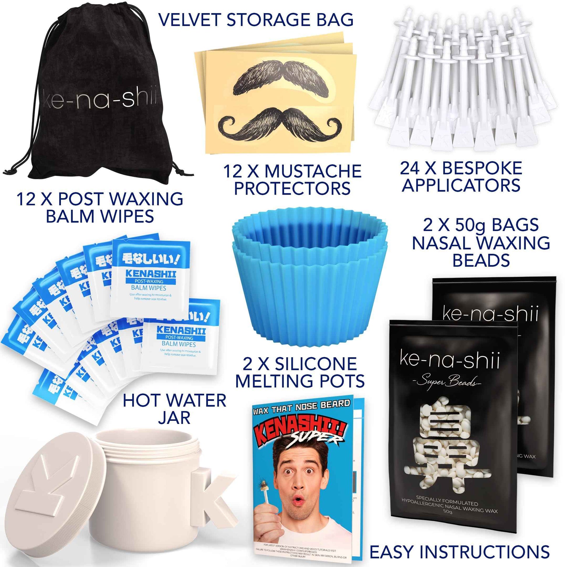 Kenashii Super BUNDLE Nose & Ear Hair Removal Kit | 100 g Wax, 84 Applicators | No Microwave Needed | Nasal Waxing For Men and Women | 12 Balm Wipes, Mustache Guards, Storage Bag