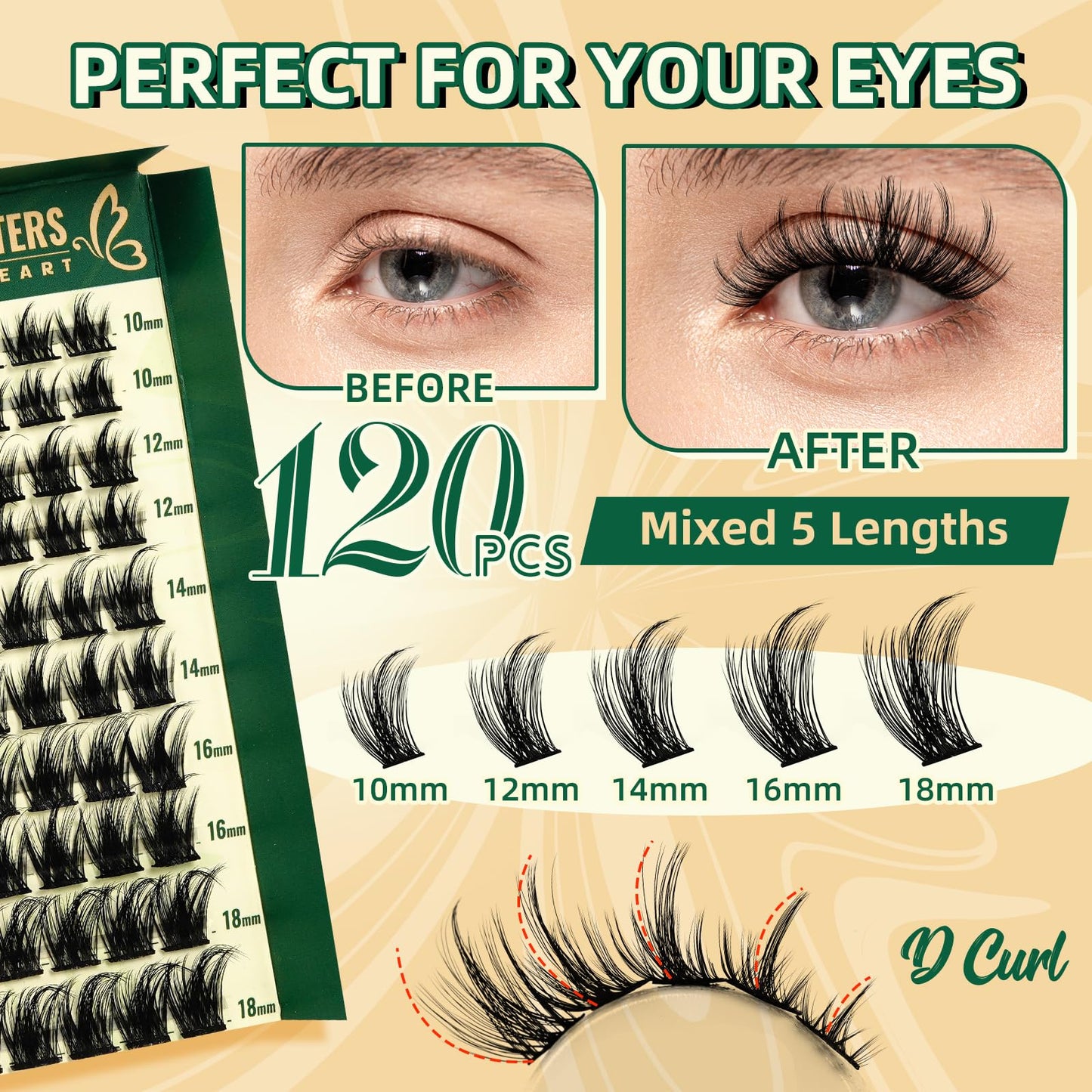 KEYYOU Lash Clusters 120pcs Eyelash Clusters 10-18mix D Curl Cluster Lashes Thick Super Soft Wispy DIY Eyelash Extension at Home(PC04-D-10-18MIX)