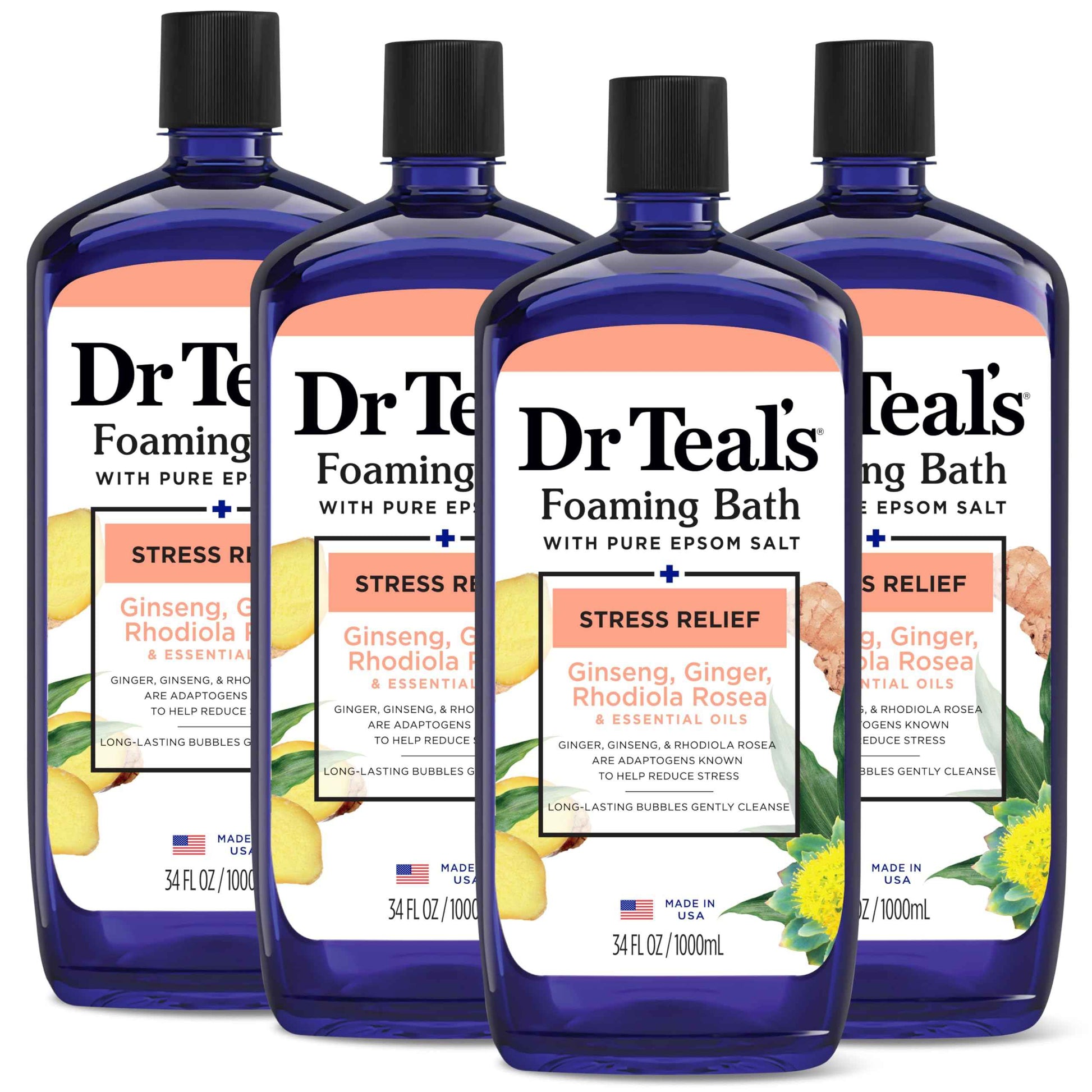 Dr Teal's Foaming Bath with Pure Epsom Salt, Stress Relief with Ginseng & Ginger, 34 fl oz (Pack of 4)