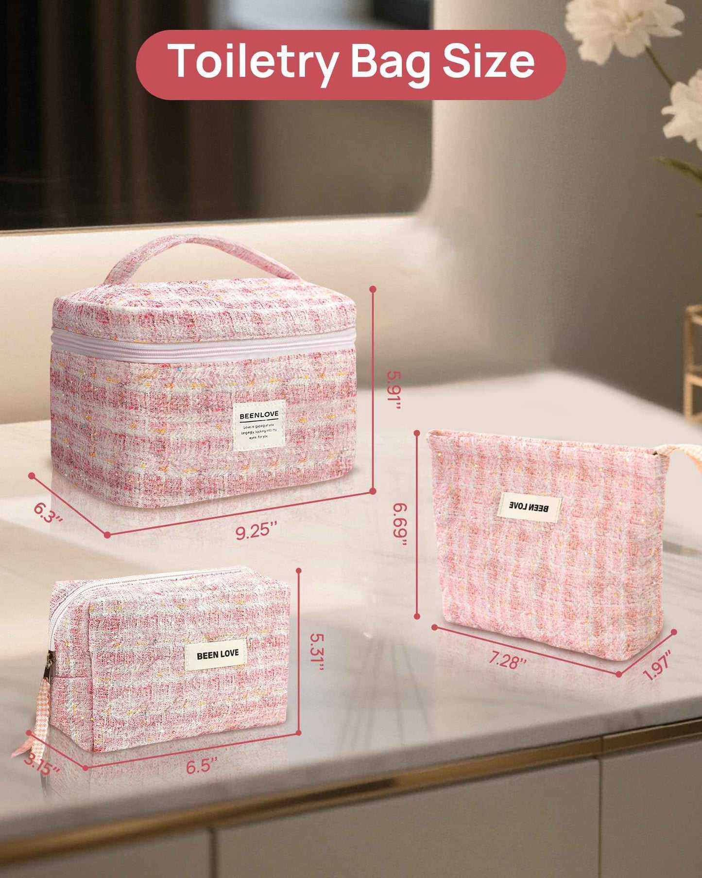 Makeup Bag Set 3 Piece Travel Toiletry Organizer-Portable Cosmetic Bag Set for Women Girls, Stylish Large Medium Small Makeup Pouches - Lightweight Beauty Storage Bags Gift for Teen, Daughter (Pink)