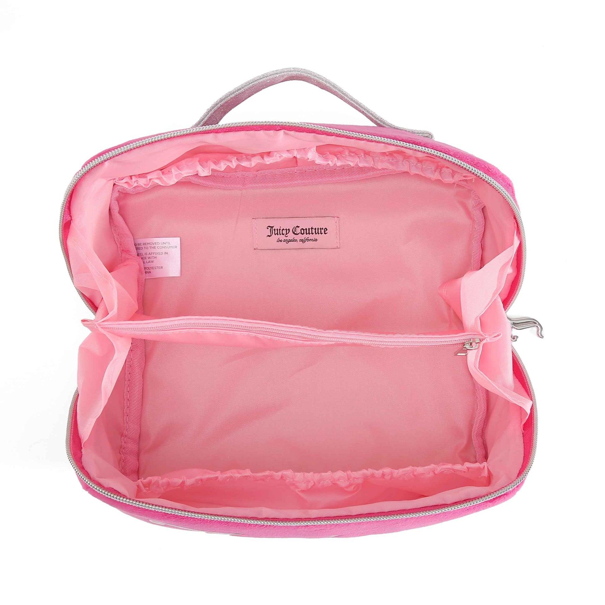 Juicy Couture Hot Pink Makeup Bag Cosmetics Organizer Travel Essentials Diagonal Loaf Velour Large Logo