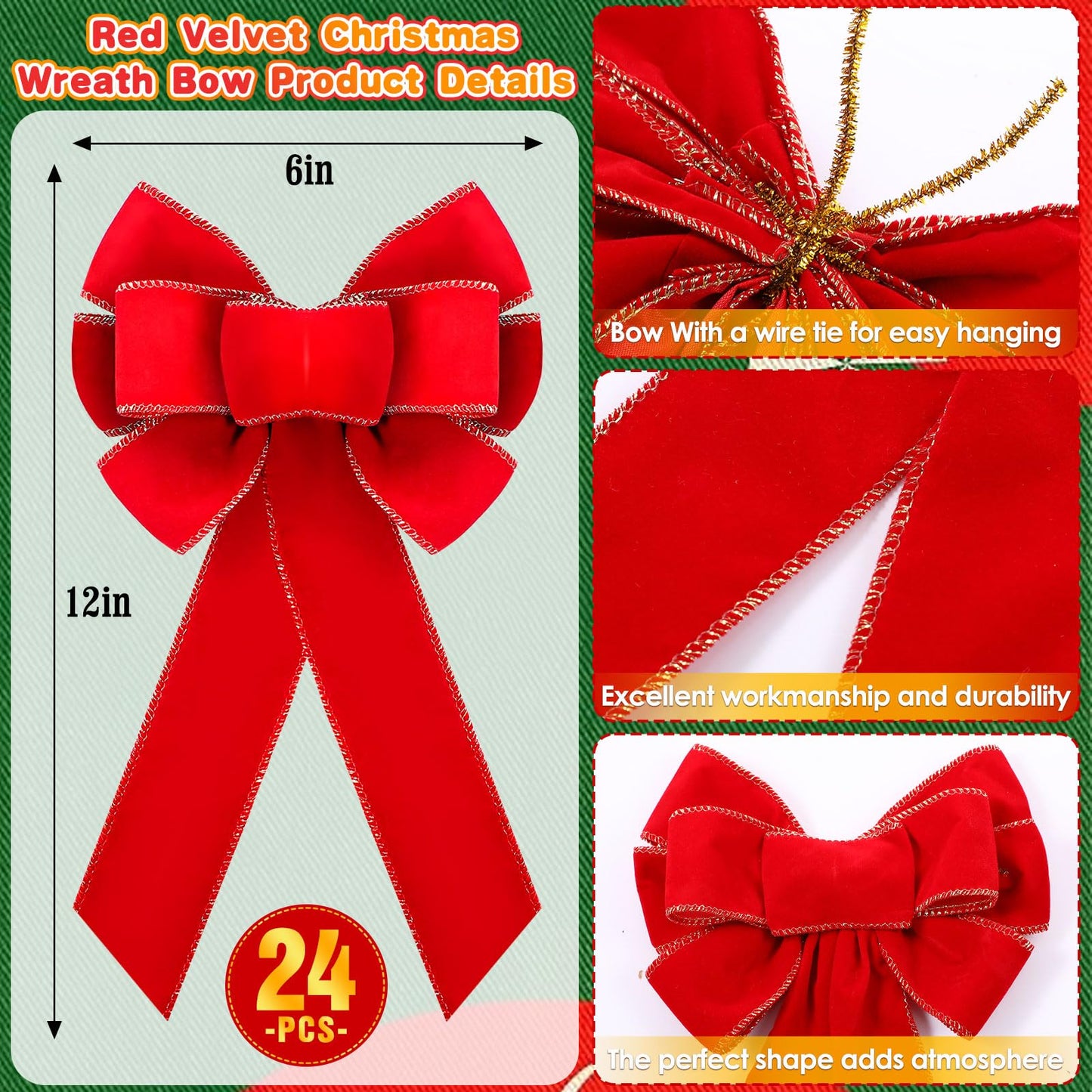 Lenwen 24 Pcs Large Christmas Bows 6x12 Inch Velvet Christmas Wreath Bows for Xmas Tree Wreath Front Door Gifts Wrapping Outdoor Holiday Party Decoration (Red)